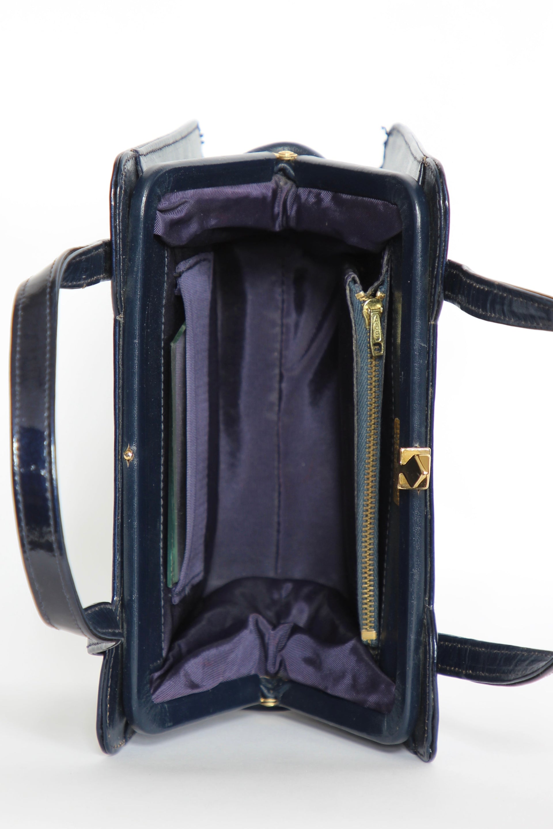 1950s 1960s Vintage Navy Blue Patent Leather Top Handle Bag/Purse