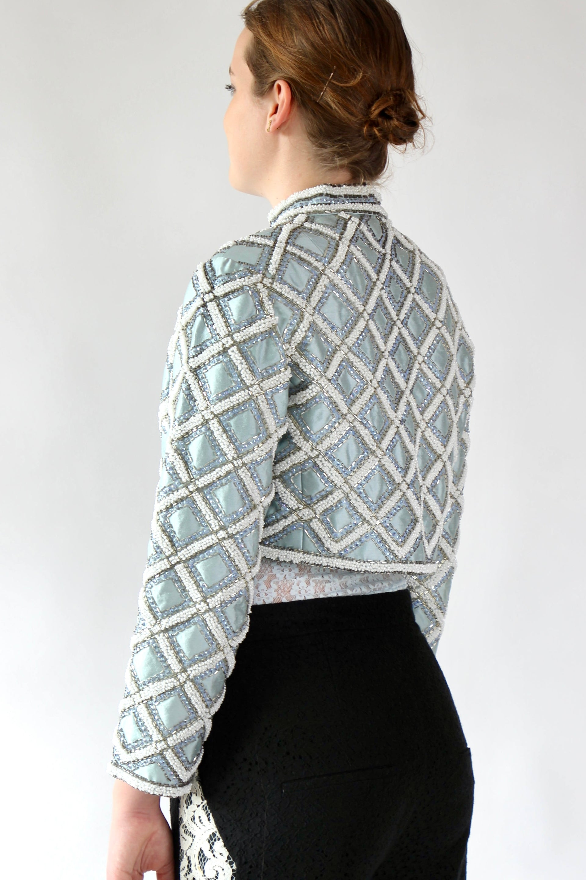 1950s 1960s Vintage Ice Blue Beaded Cropped Jacket/Bolero // Size S/M