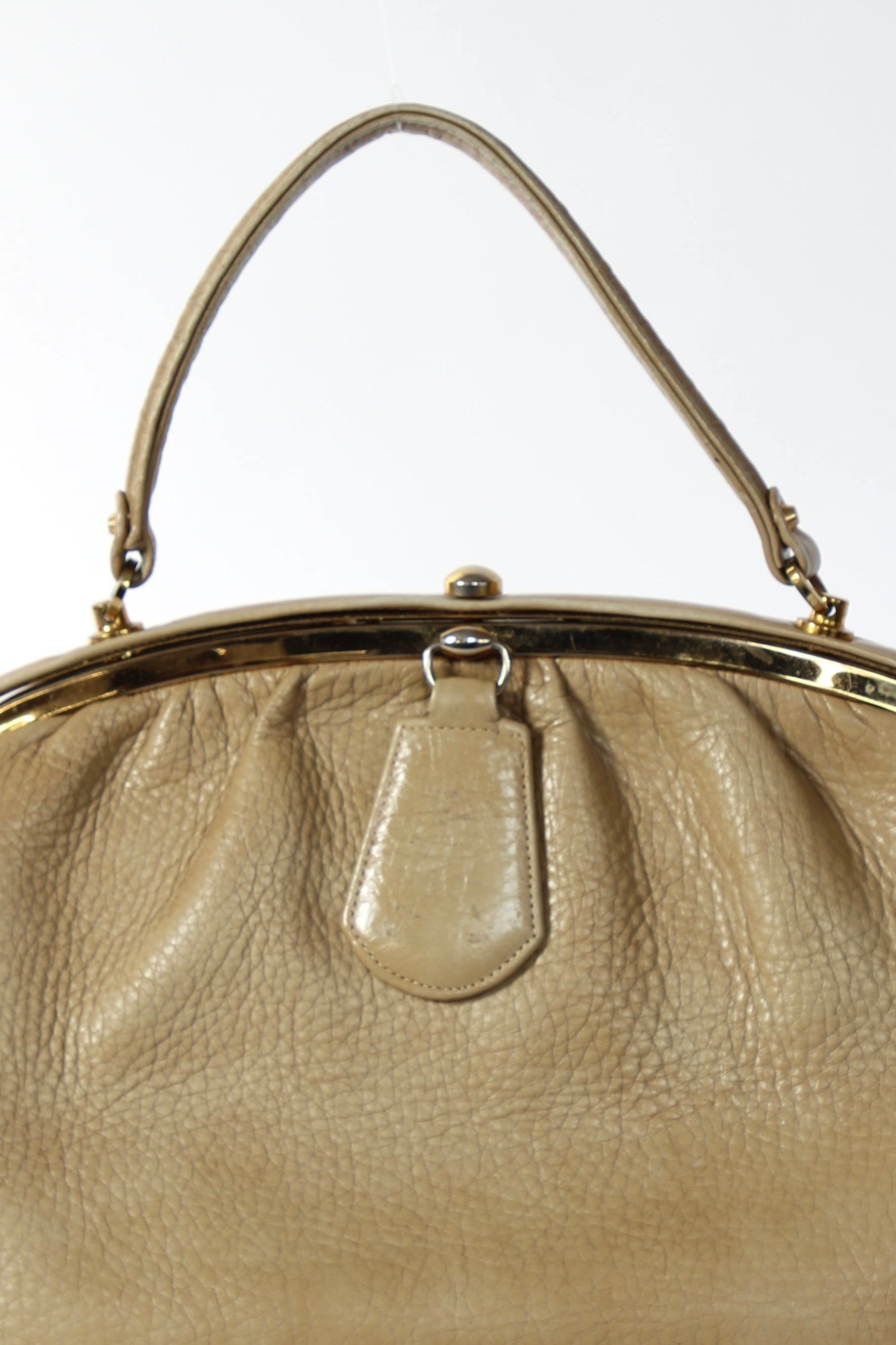 1960s Vintage Beige Leather Top Handle Bag with Green Leather Linen