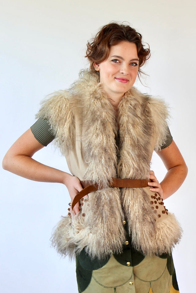 Vintage Vest with Mongolian Lamb Fur // Size S