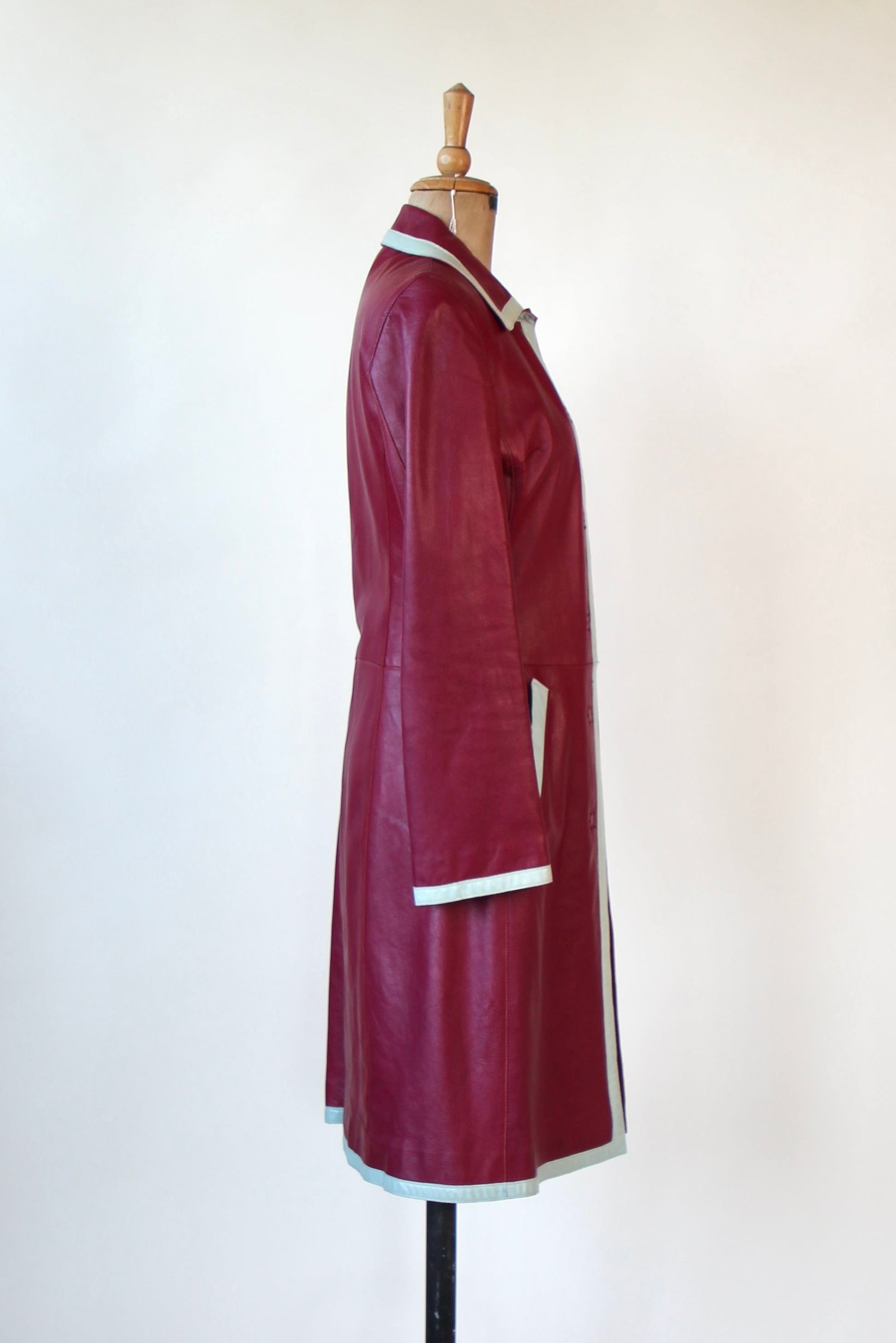 Y2K Italian Designer Burgundy Leather Trench Coat // Size XS/S
