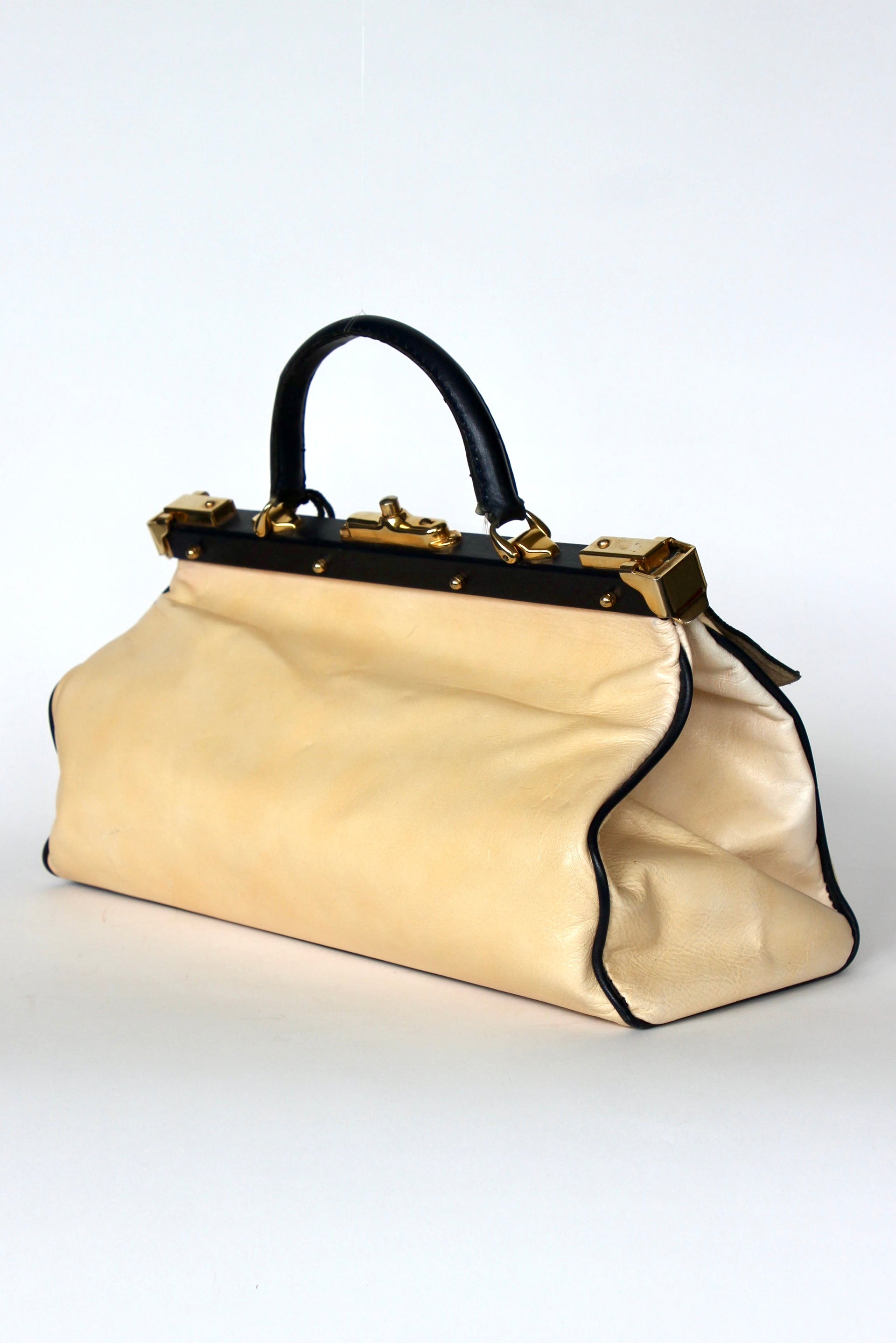 1950S 1960s Beige/Ivory Leather Top Handle Bag // Midwife Style Bag