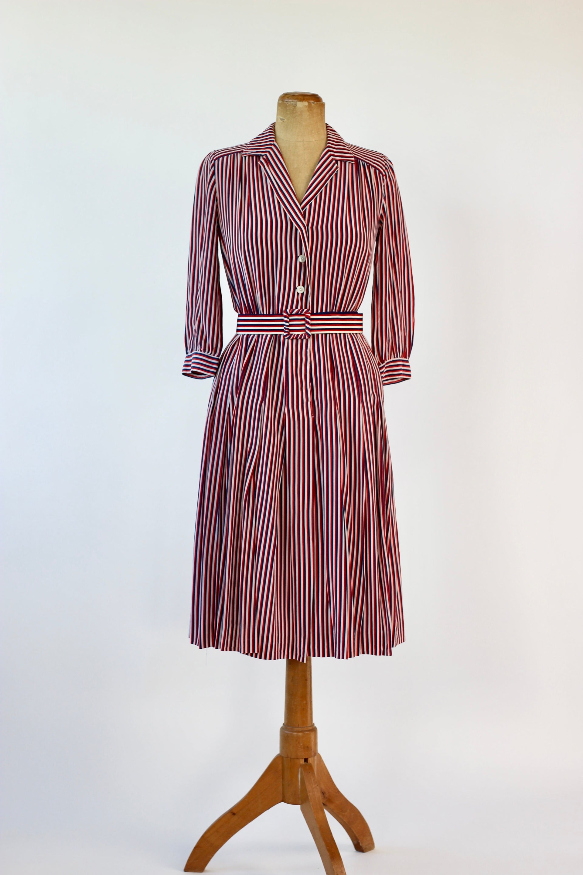 1940s Striped Silk Dress in Red, White and Blue // Size M