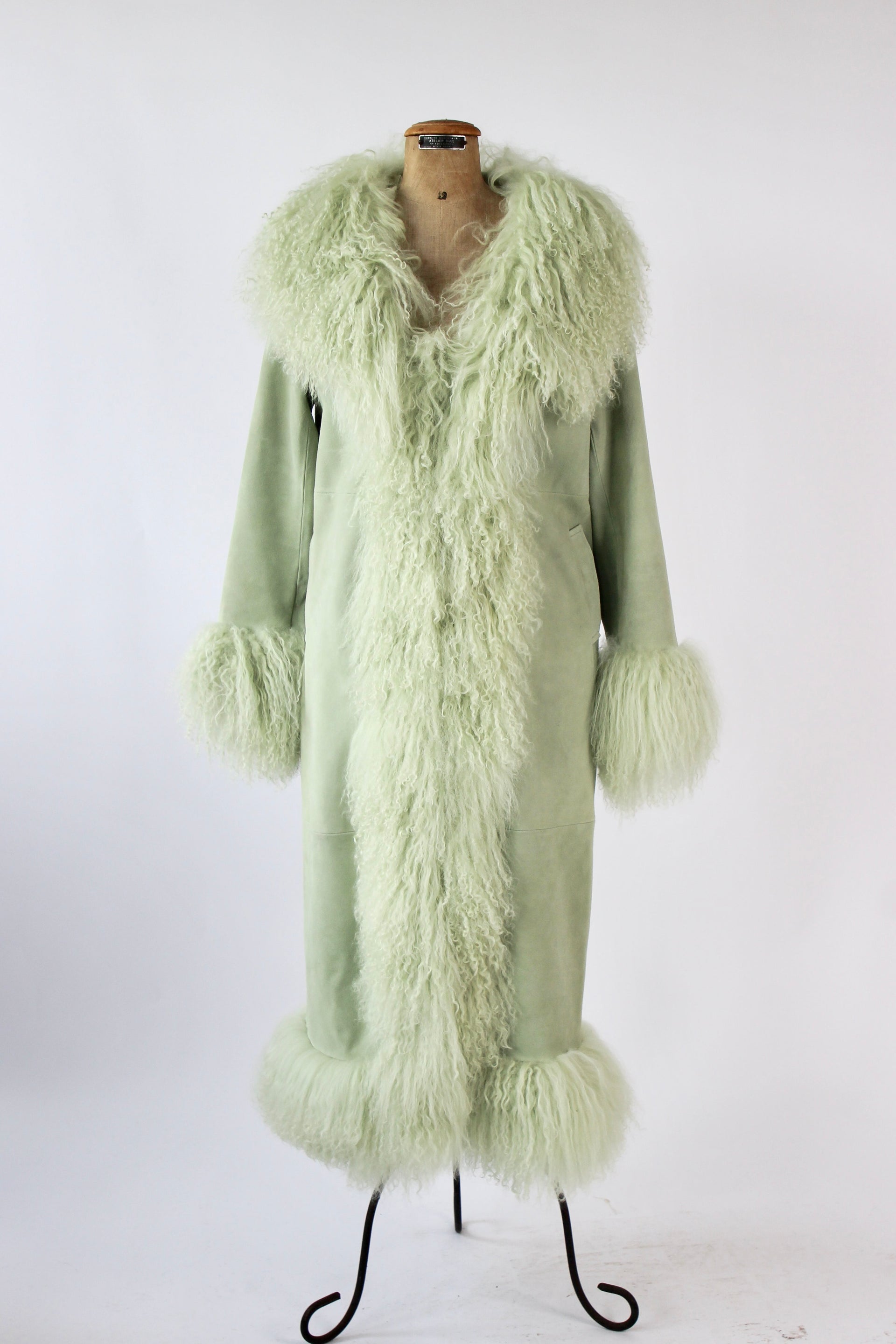 Mint Green Suede Leather Coat with Mongolian Sheep Fur