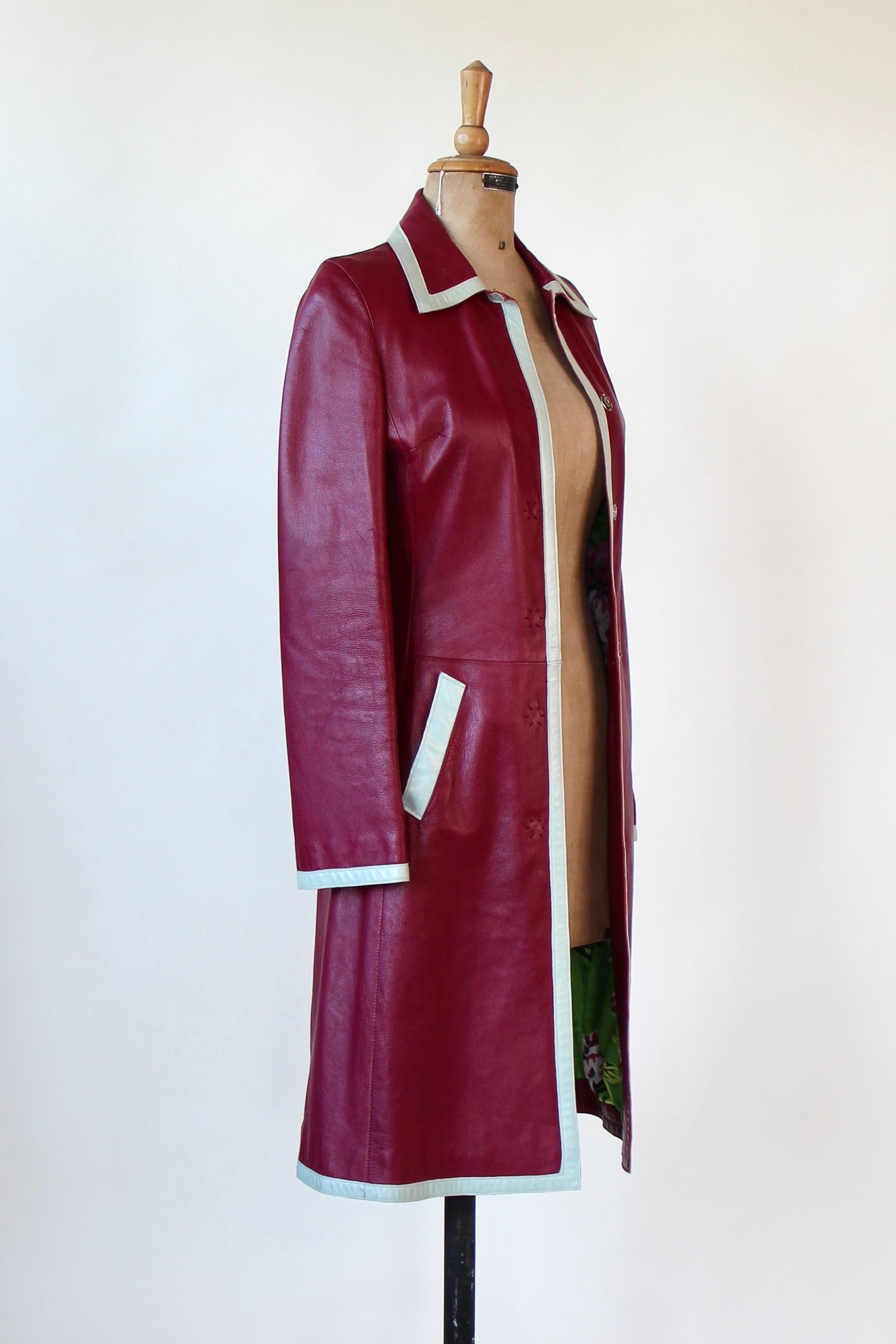 Y2K Italian Designer Burgundy Leather Trench Coat // Size XS/S