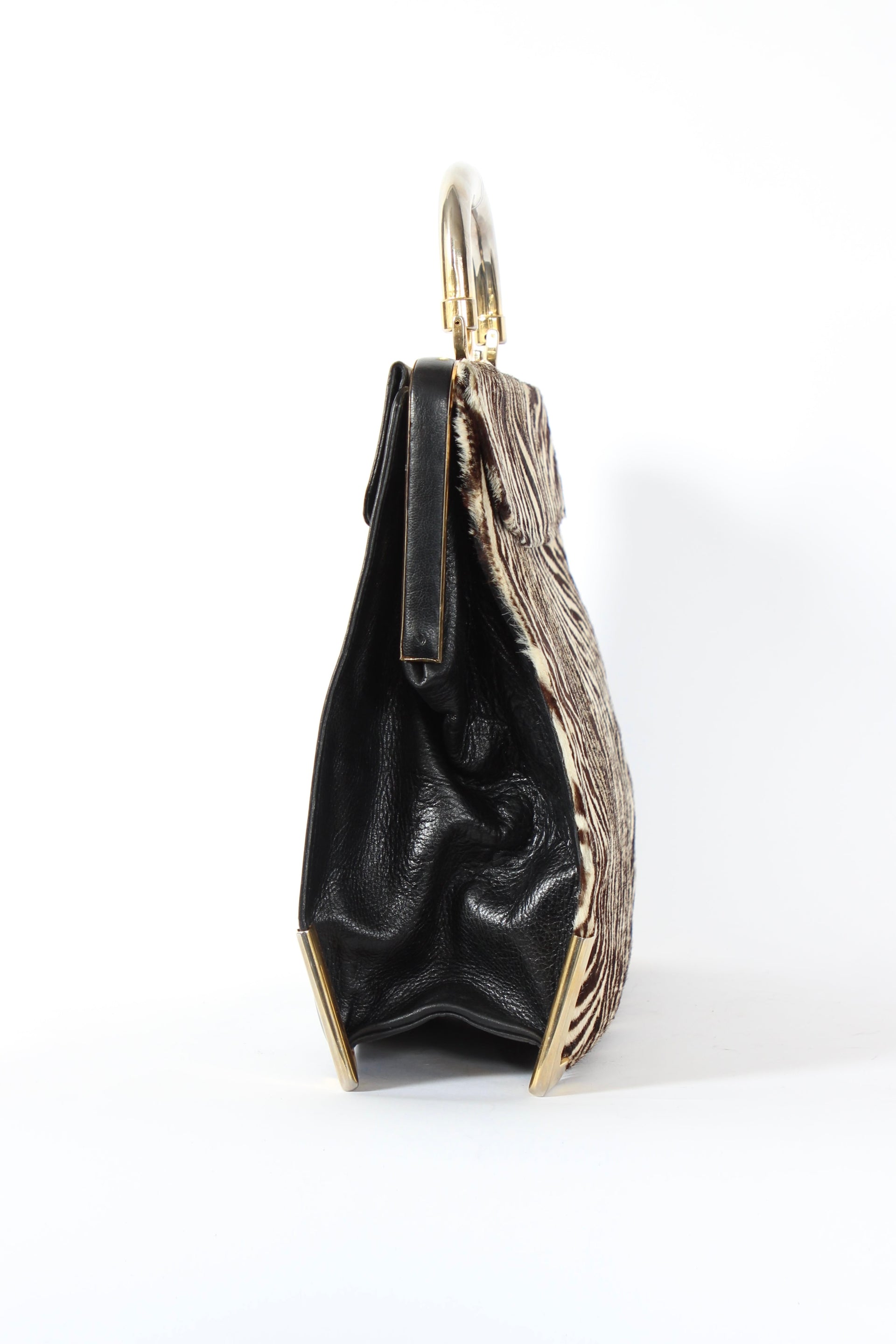 1960s Vintage Bon Goût Black Leather Top Handle Bag with Zebra Pattern Fur