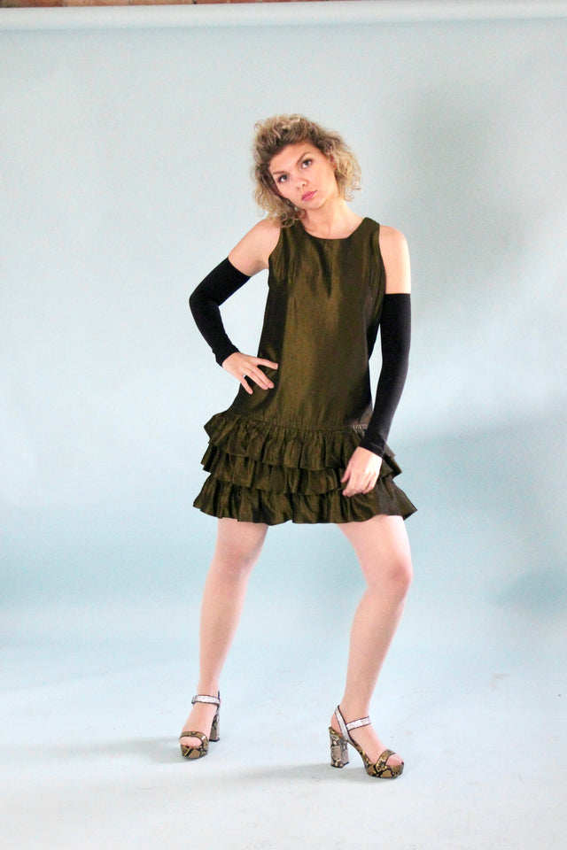 1960s Army Green Mini Dress with Ruffle Skirt // Size M