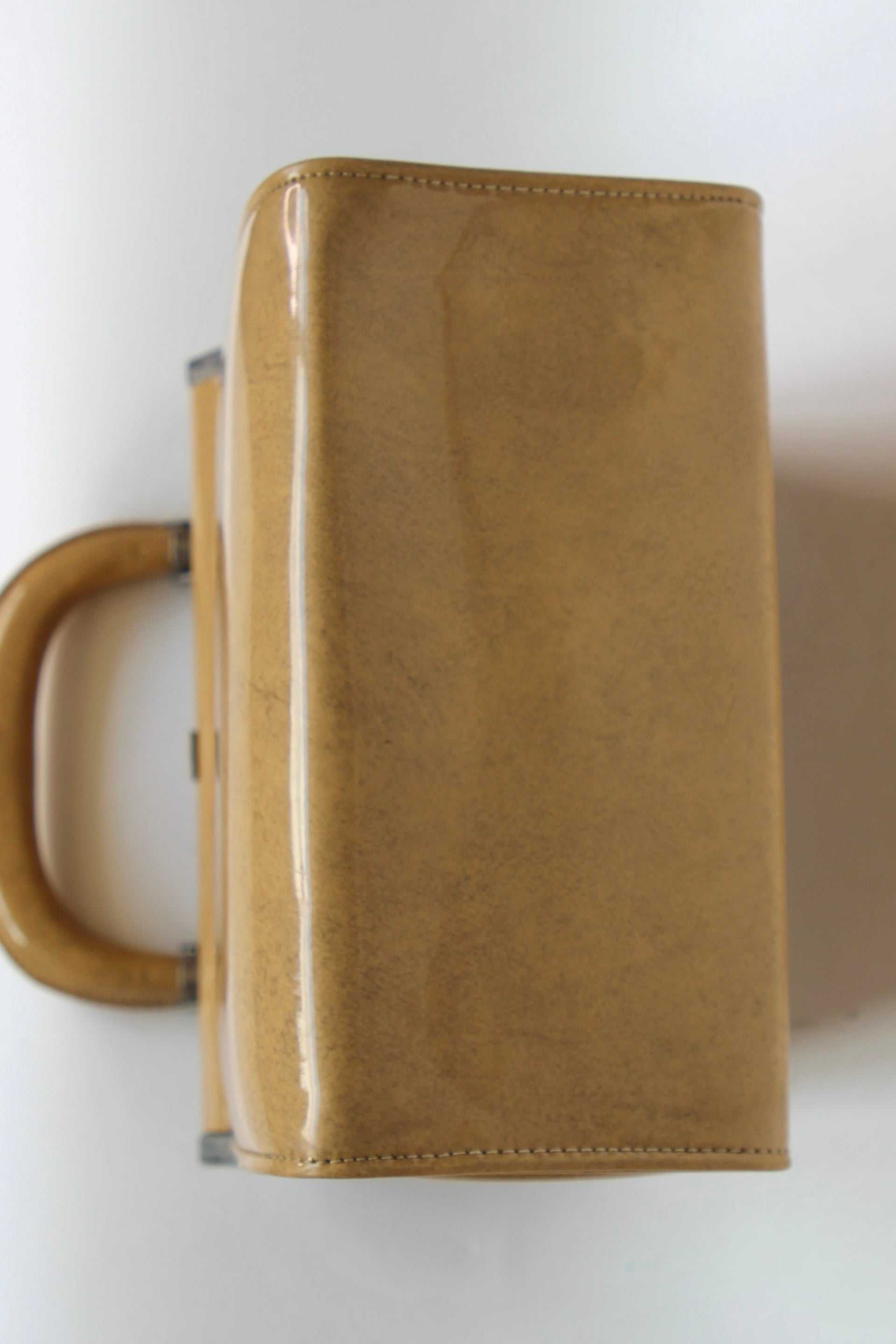 1960s Vintage Beige/Camel Vinyl Top Handle Bag/Purse with Silver Closure.
