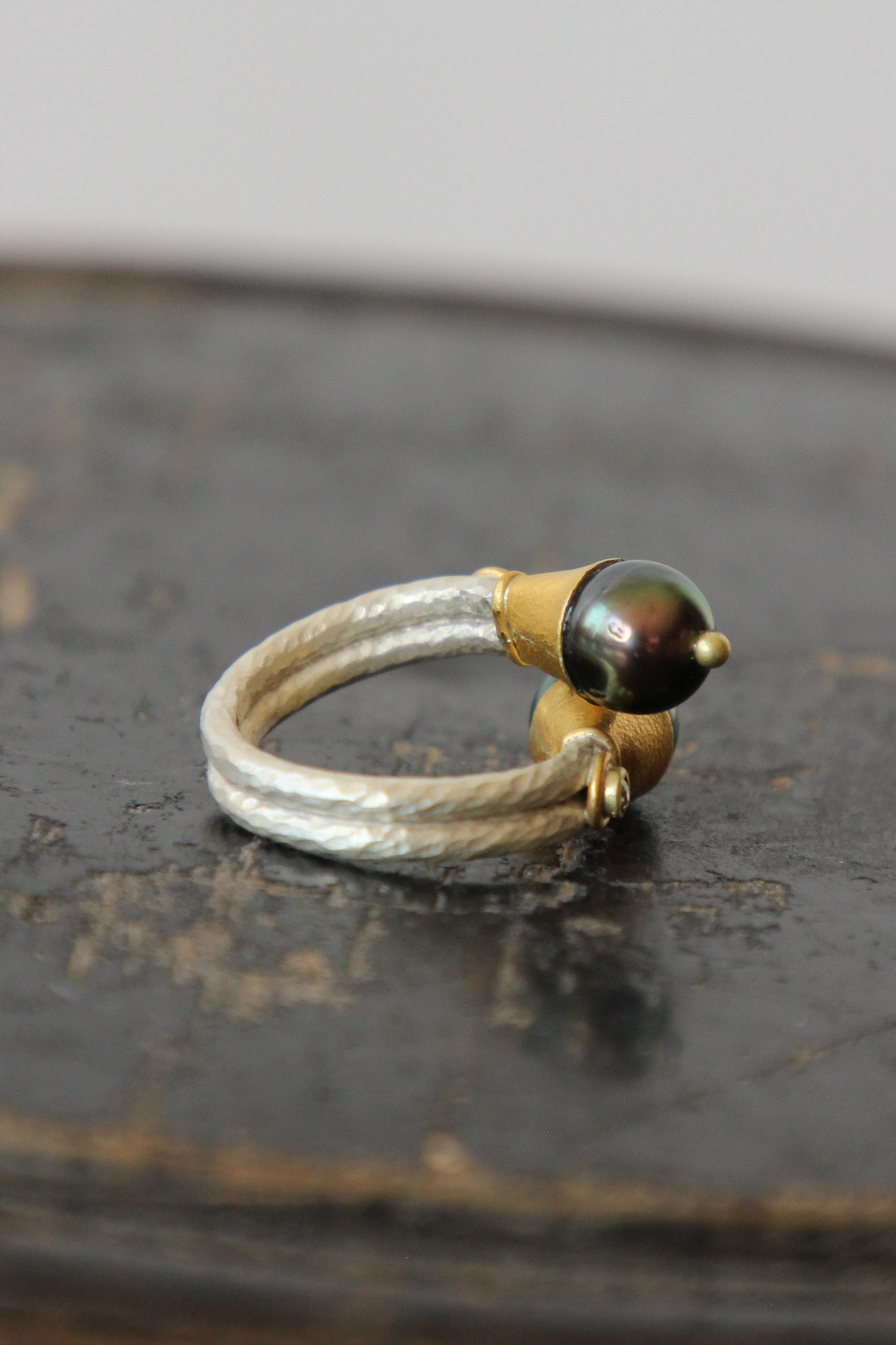 T1090 Handmade Tahitian Black Pearls and Diamonds / Crossover Ring / Poppy Dandiya / Hammered Sterling Silver / 24K Filled Gold / Matte Silver
