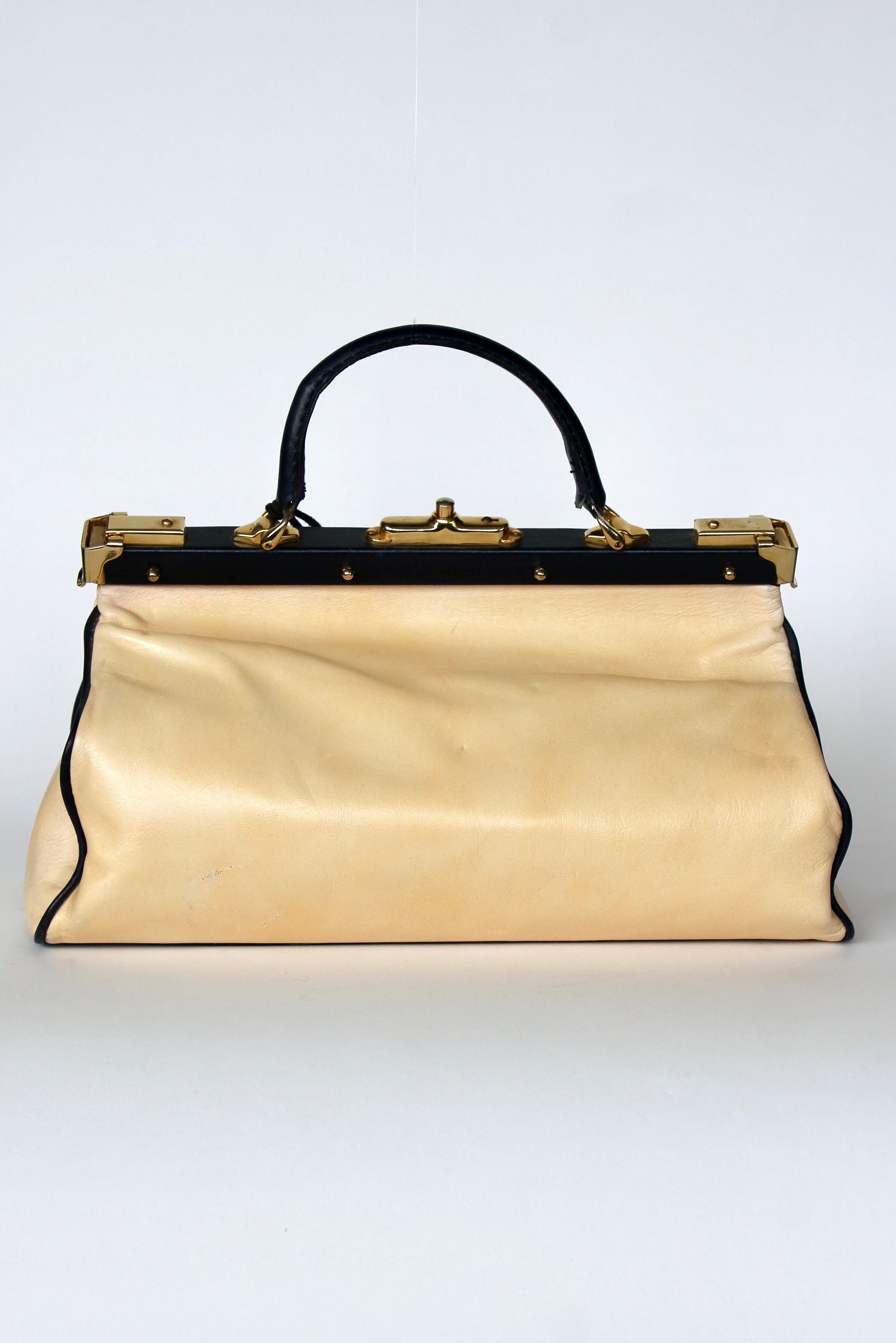 1950S 1960s Beige/Ivory Leather Top Handle Bag // Midwife Style Bag