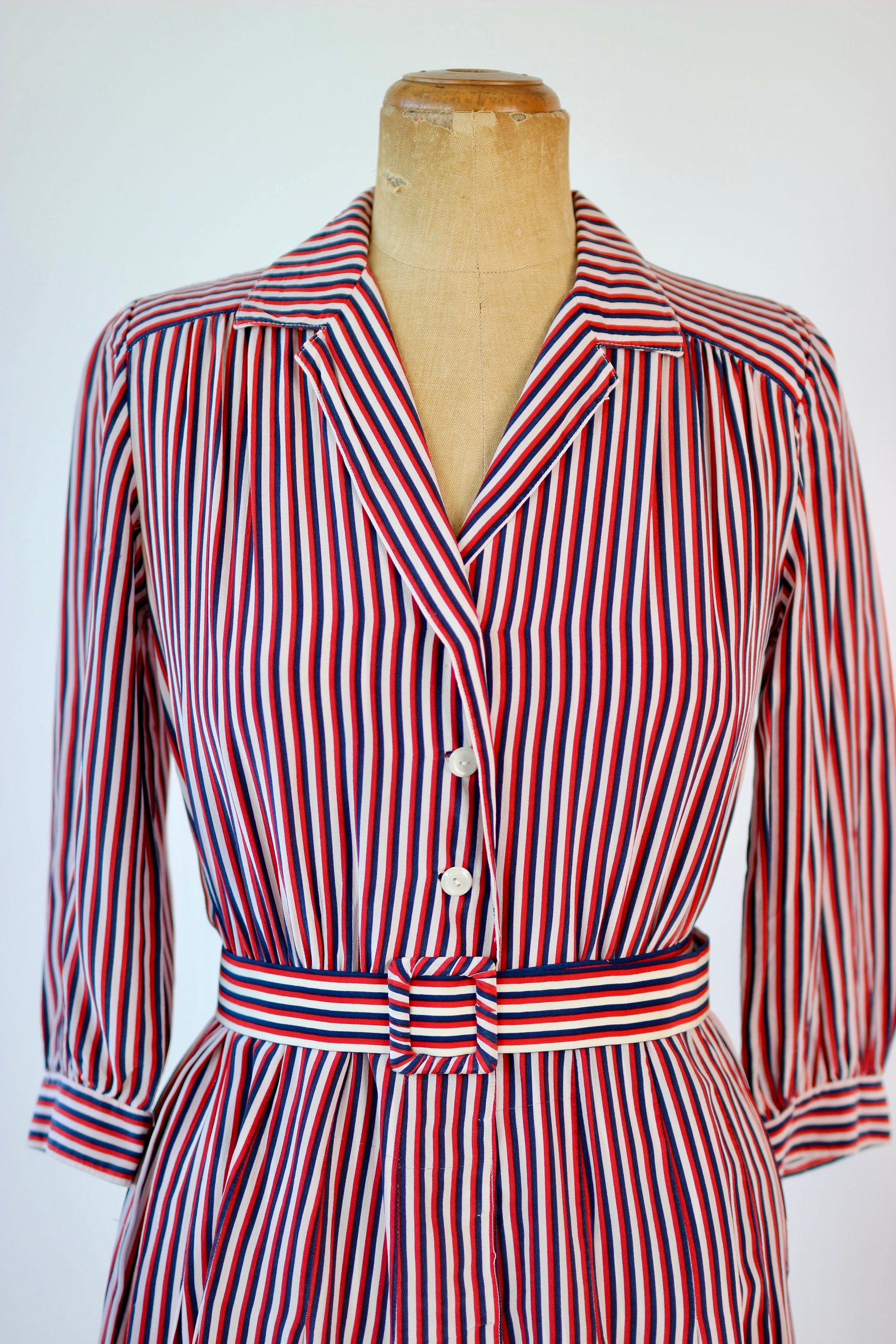 1940s Striped Silk Dress in Red, White and Blue // Size M