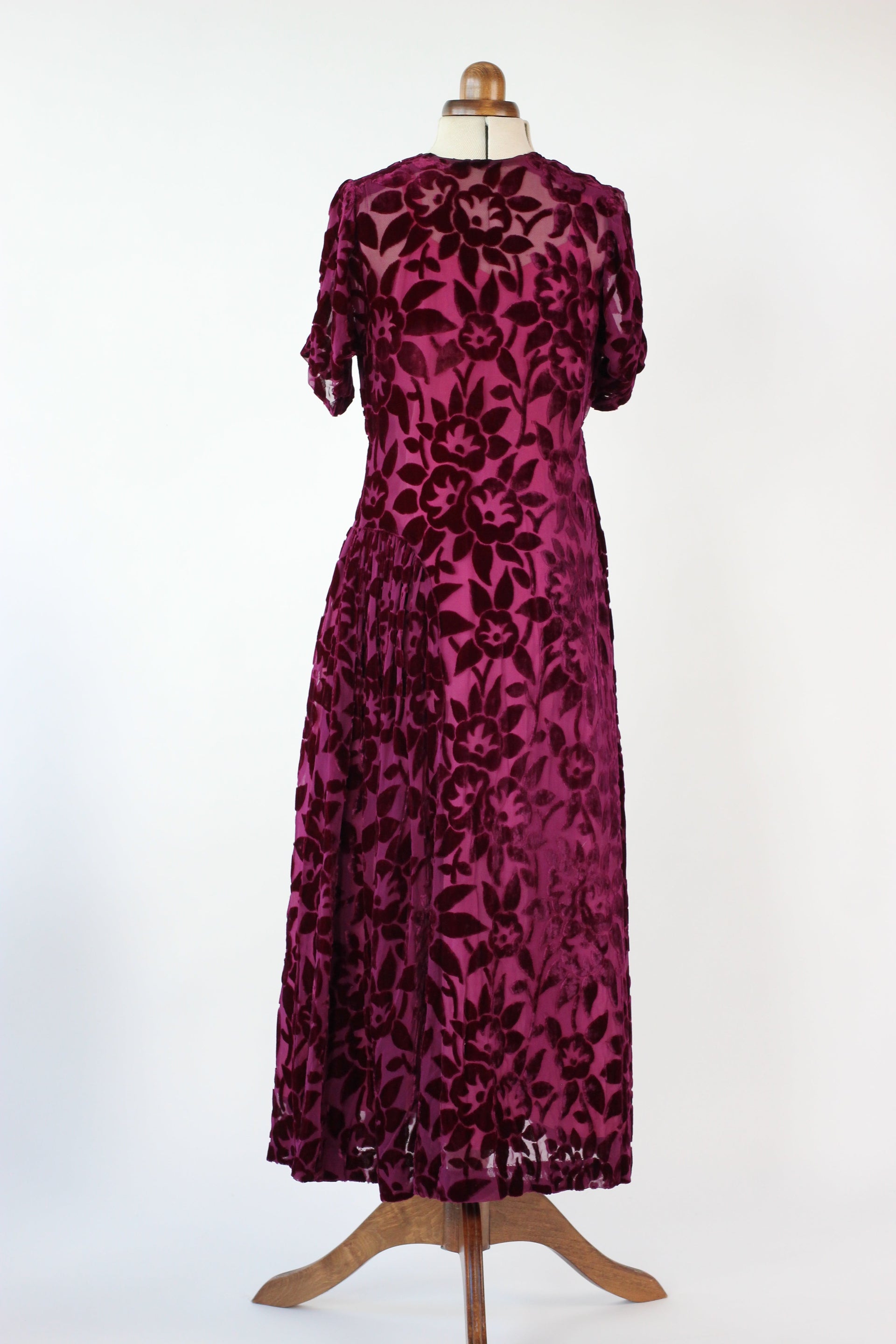 1930s 1940s Vintage Dark Purple Chiffon Dress with Velvet Flowers // Size S/M