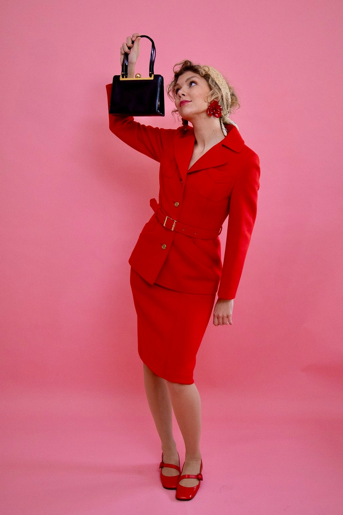 1960s 1970s Vintage Bright Red Wool Skirt Suit // Size S