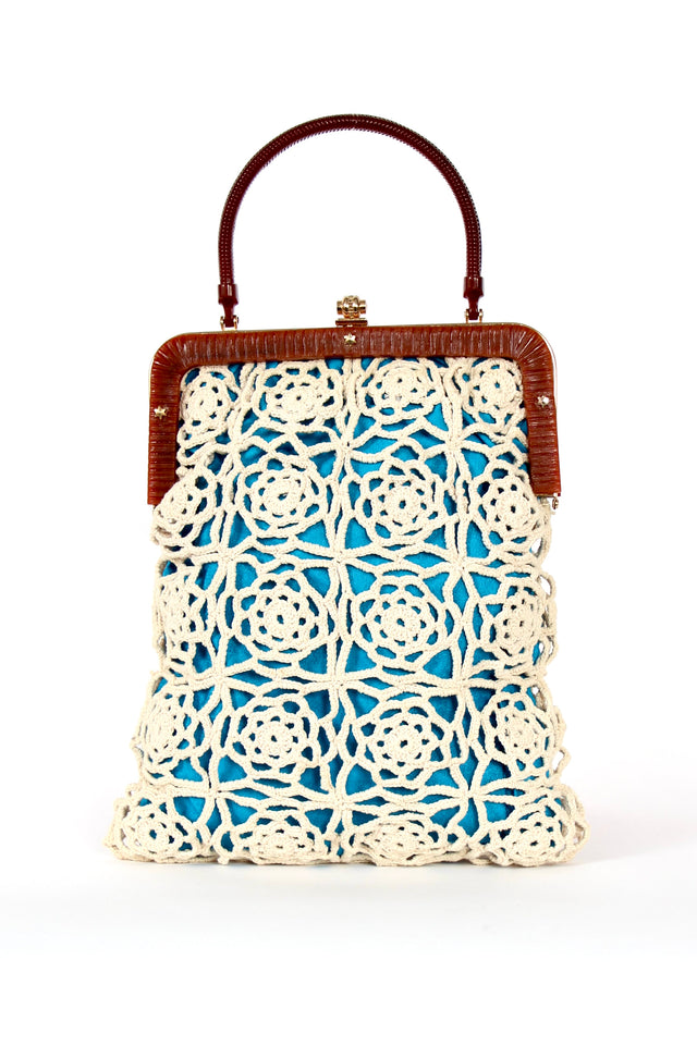 1960s Vintage Handmade Crochet Bag with Plastic Handle and Frame