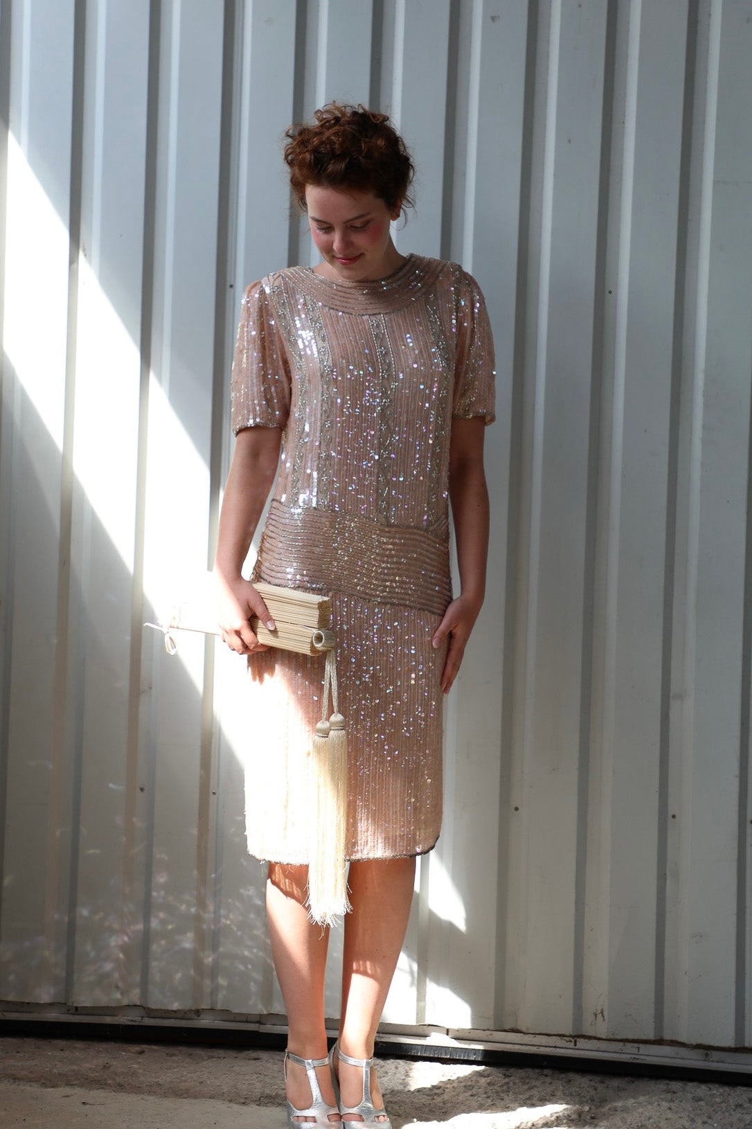 Vintage Beaded Sequin Silk Dress// Size M