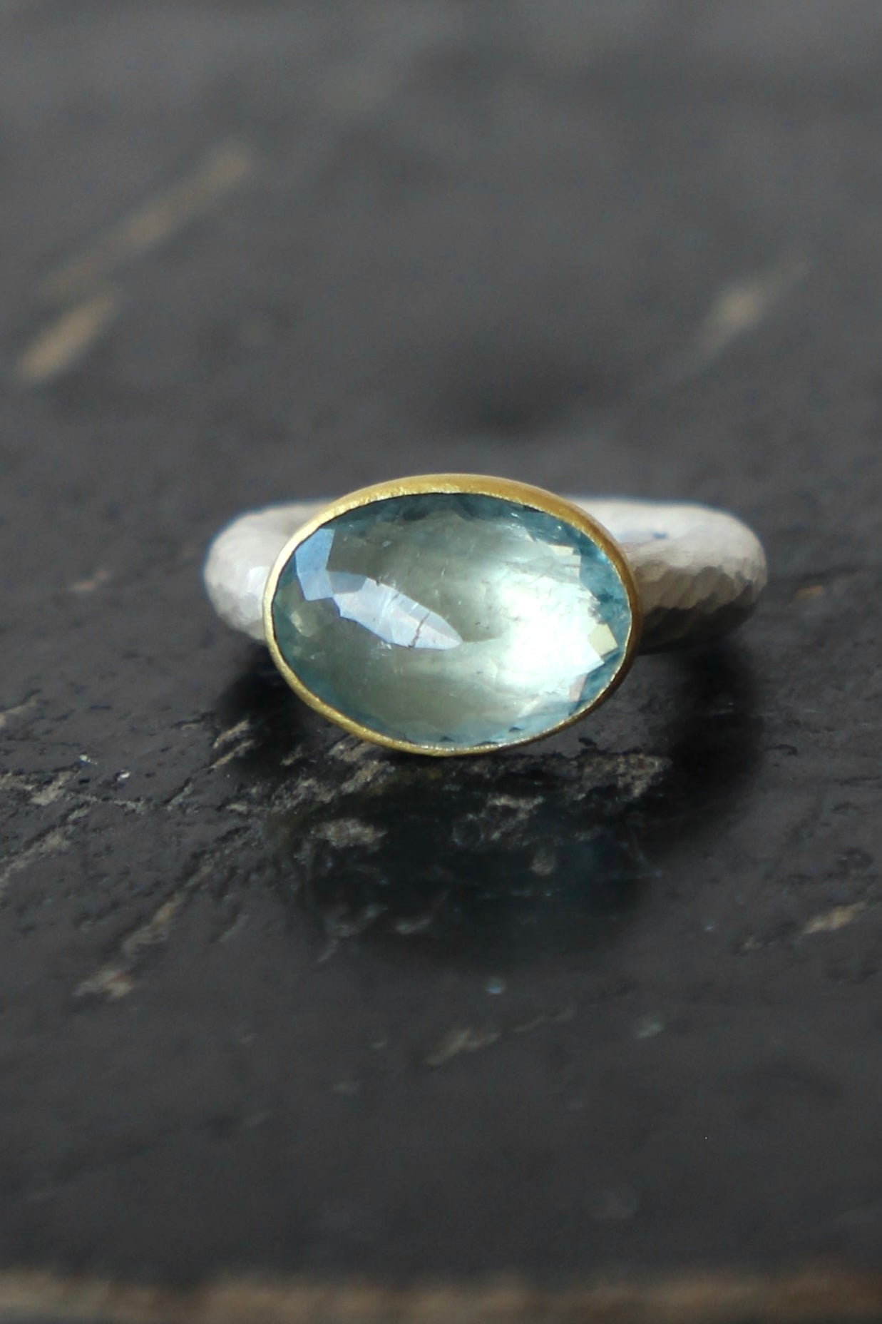 Handmade Aquamarine Ring // Poppy Dandiya // Hammered Sterling Silver // 24K Filled Gold // Size 53