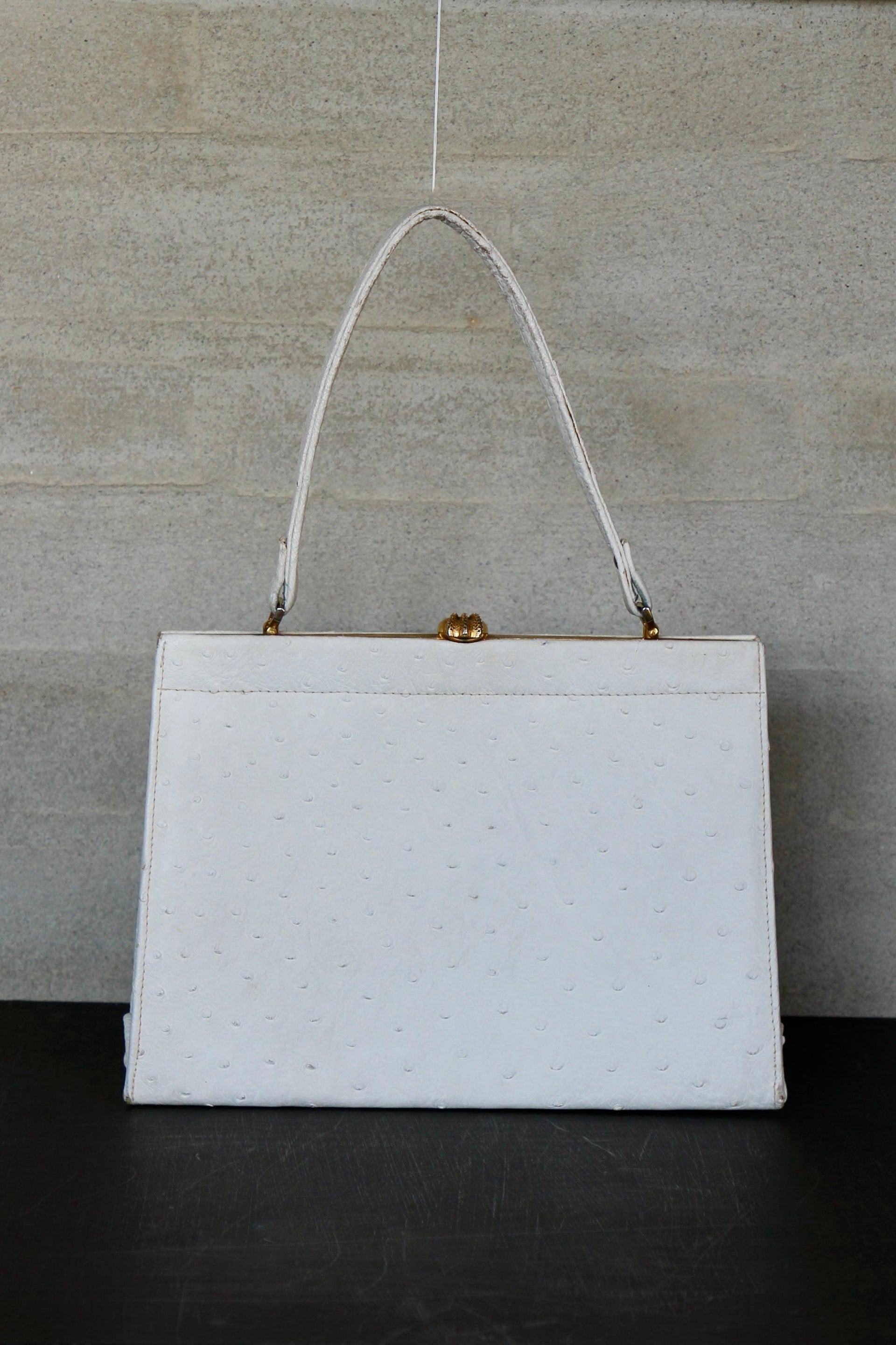 1960s Vintage White Ostrich Leather Top Handle Bag/Purse