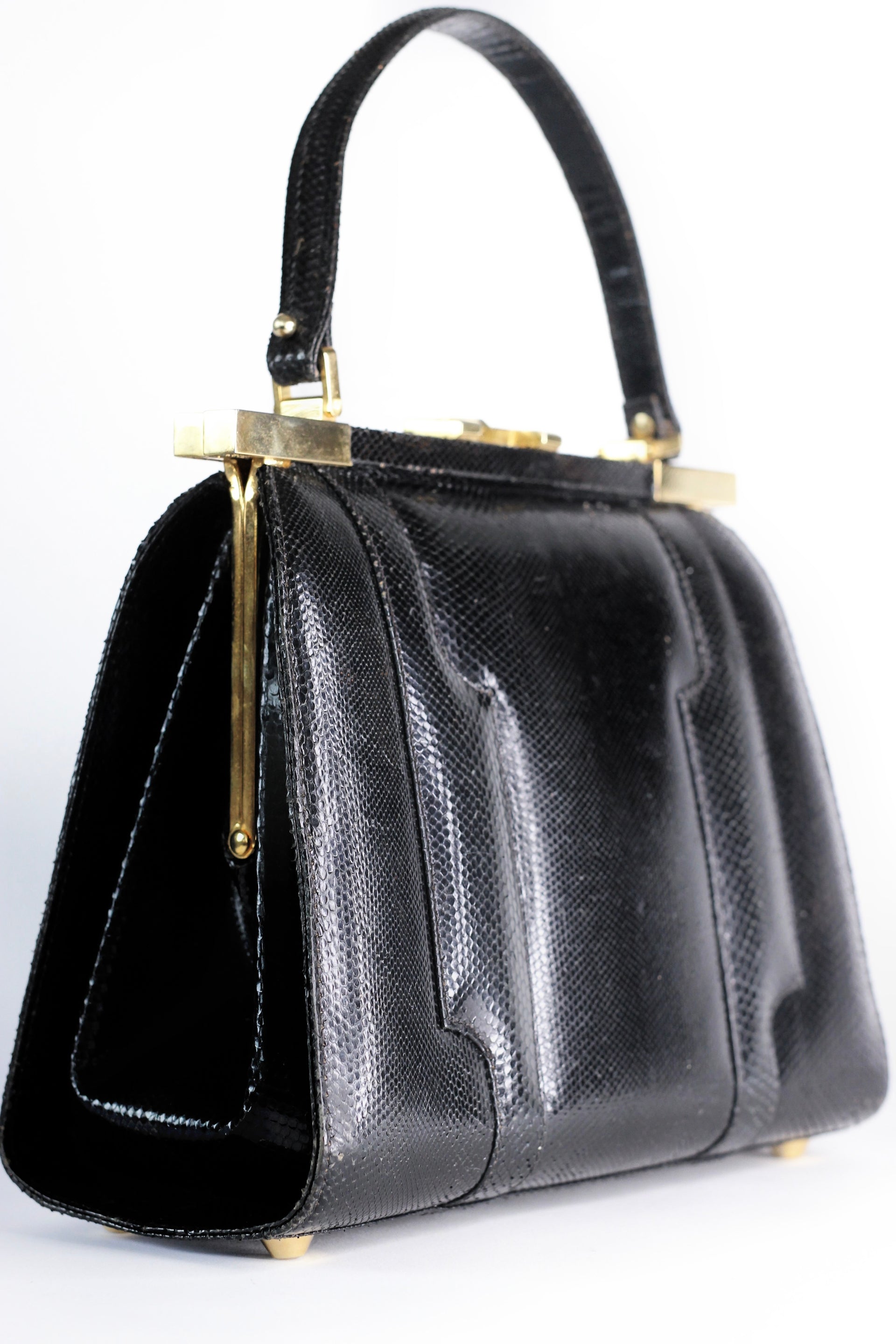1950s Vintage Black Leather Top Handle Bag