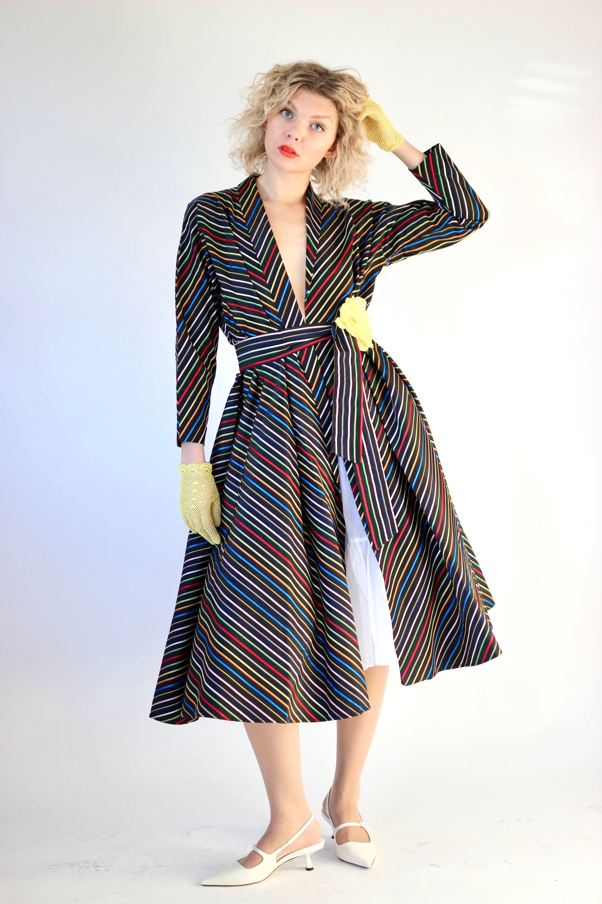 1940s Vintage Black Rainbow Striped Wrap Shirt Dress//Size S-L