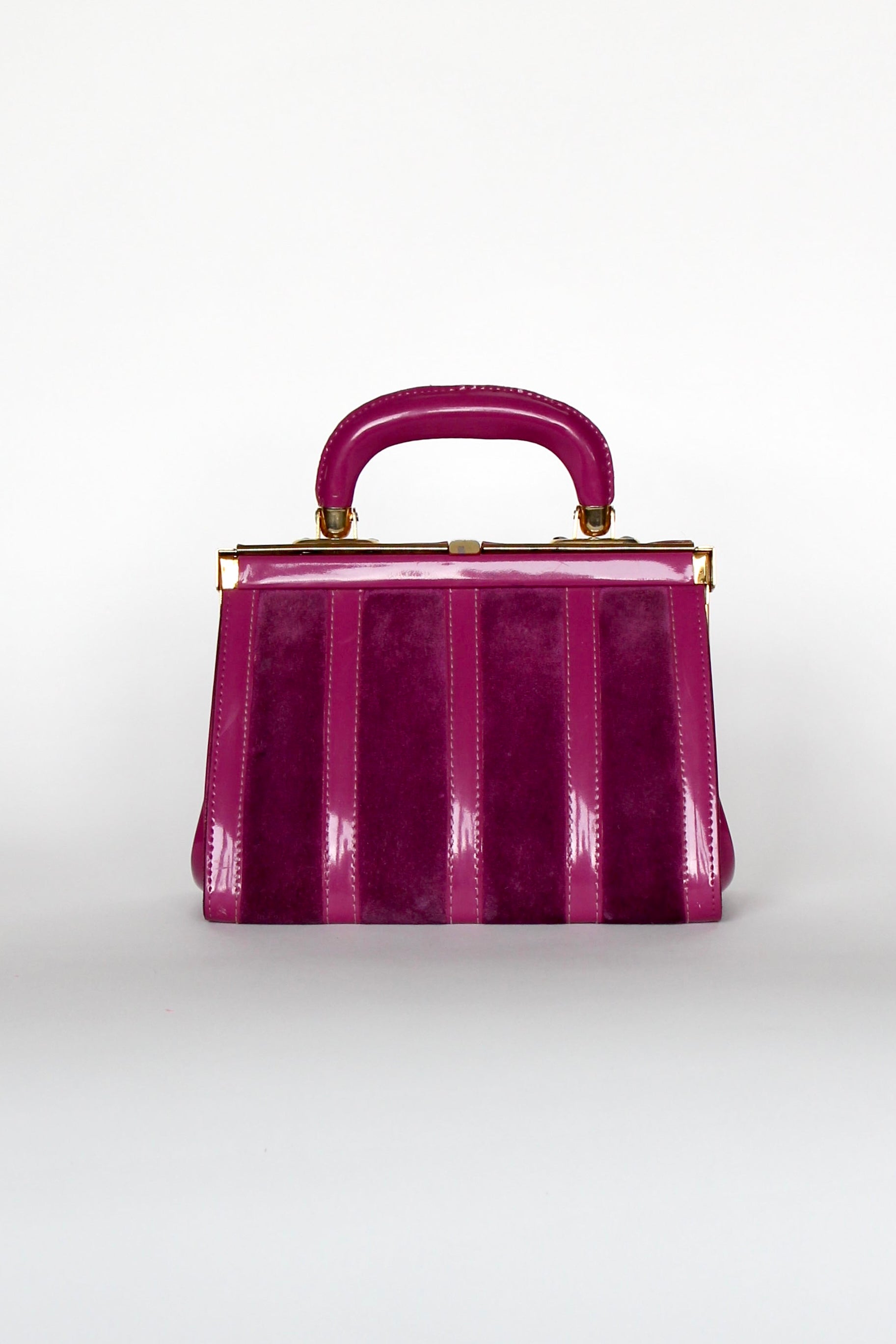 1960s Vintage Purple Sued and Vinyl Top Handle Bag/Purse with Golden Closure.