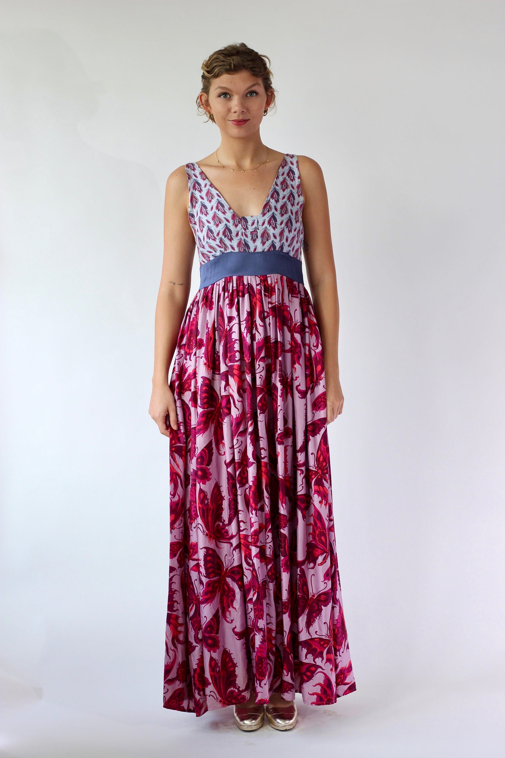 Y2K Purple Silk Maxi Silk Dress//Butterfly Print//Danish Design//Size L/XL