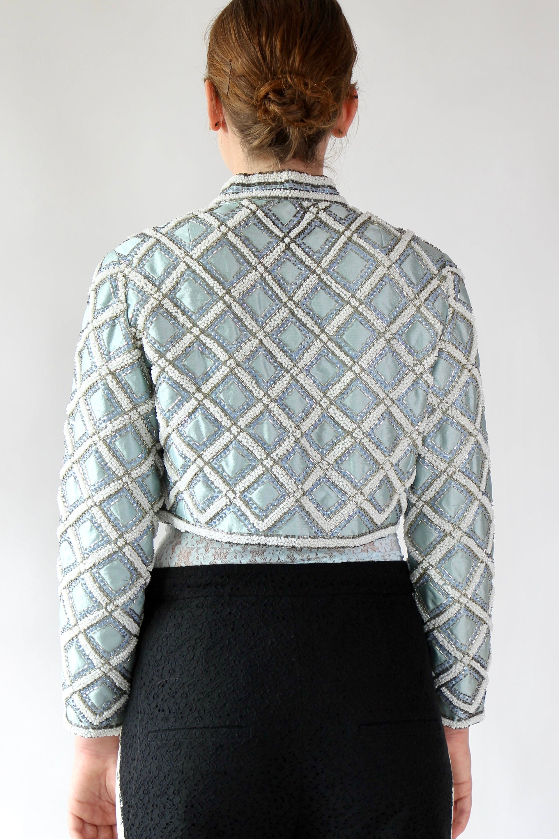 1950s 1960s Vintage Ice Blue Beaded Cropped Jacket/Bolero // Size S/M