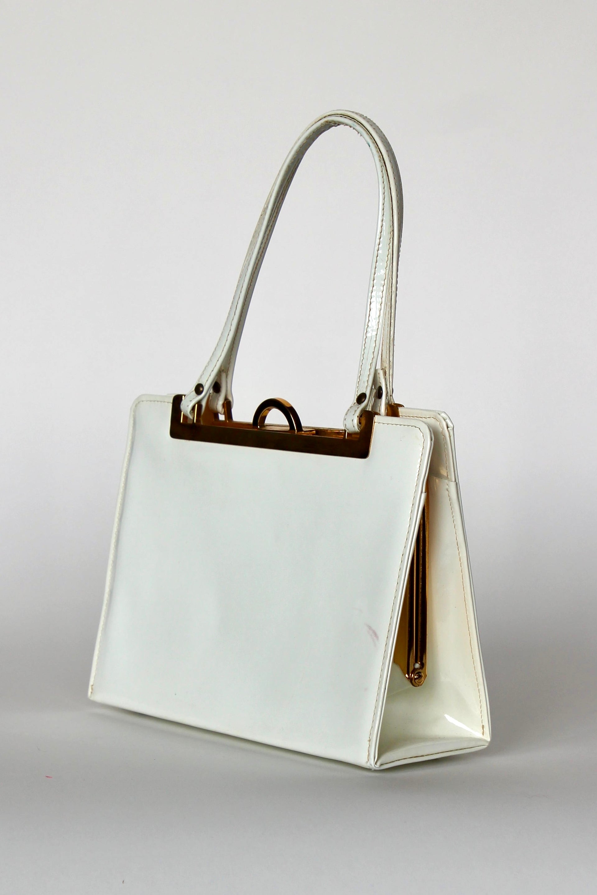 1960s Vintage White Patent Leather Top Handle Bag/Purse