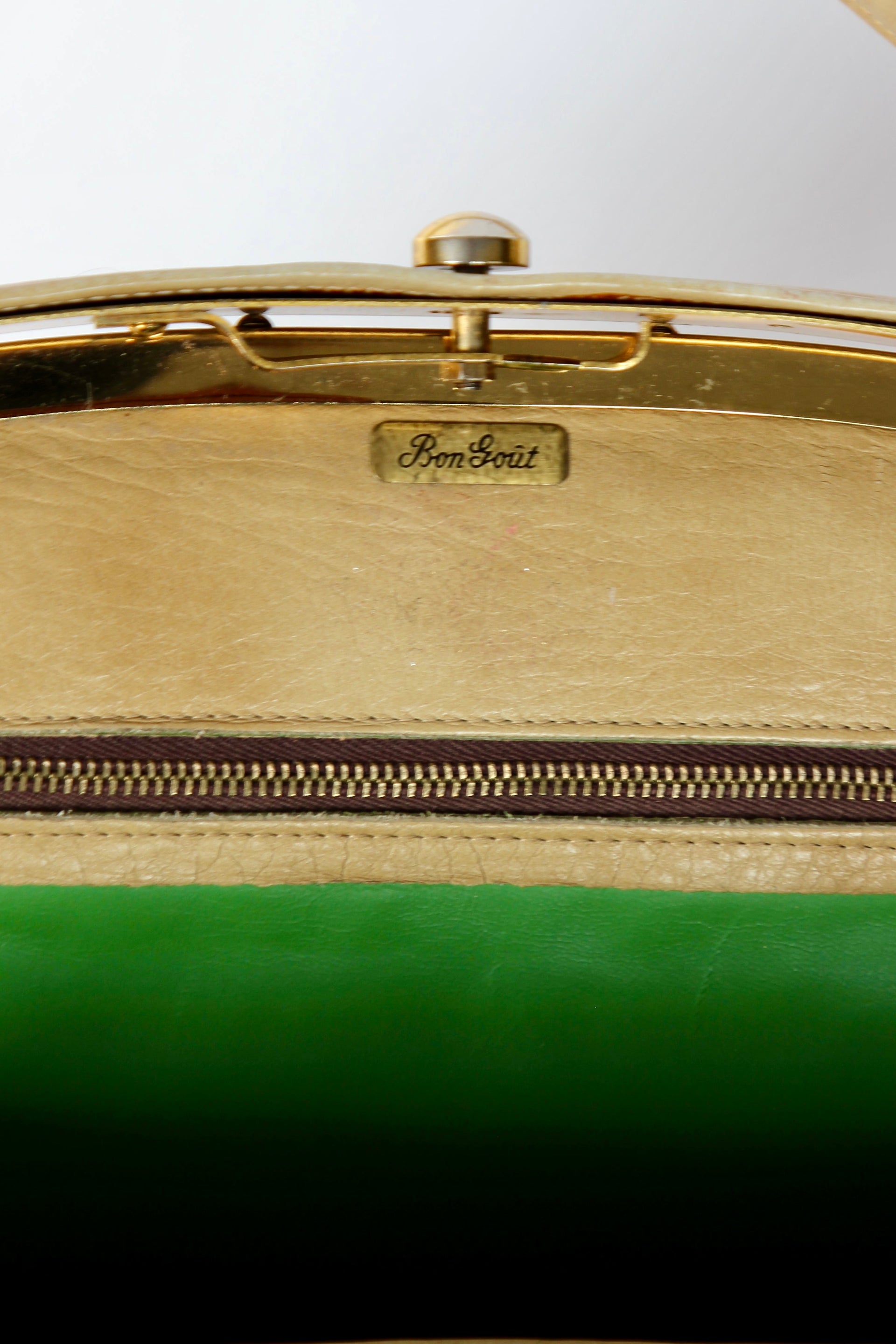 1960s Vintage Beige Leather Top Handle Bag with Green Leather Linen