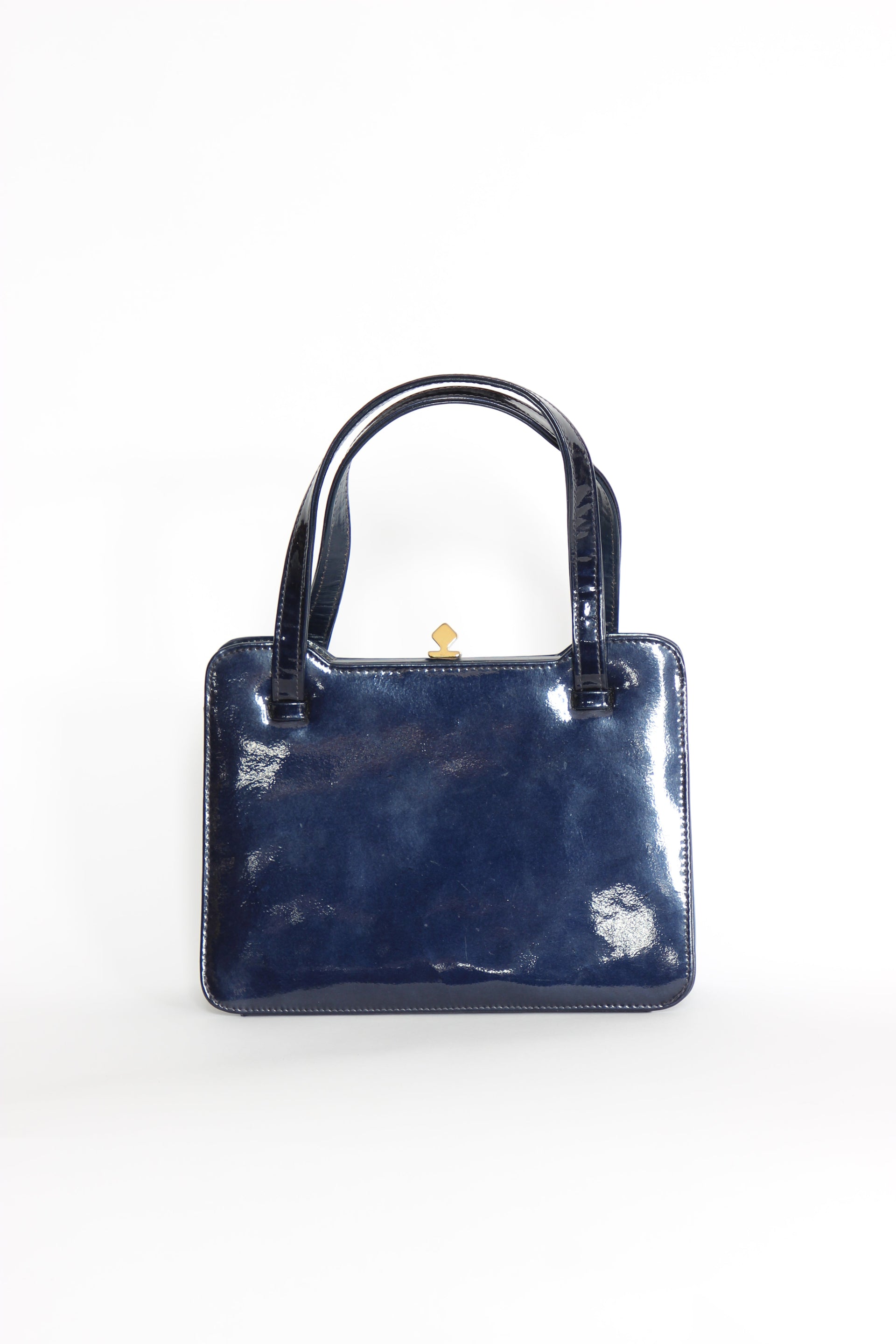 1950s 1960s Vintage Navy Blue Patent Leather Top Handle Bag/Purse