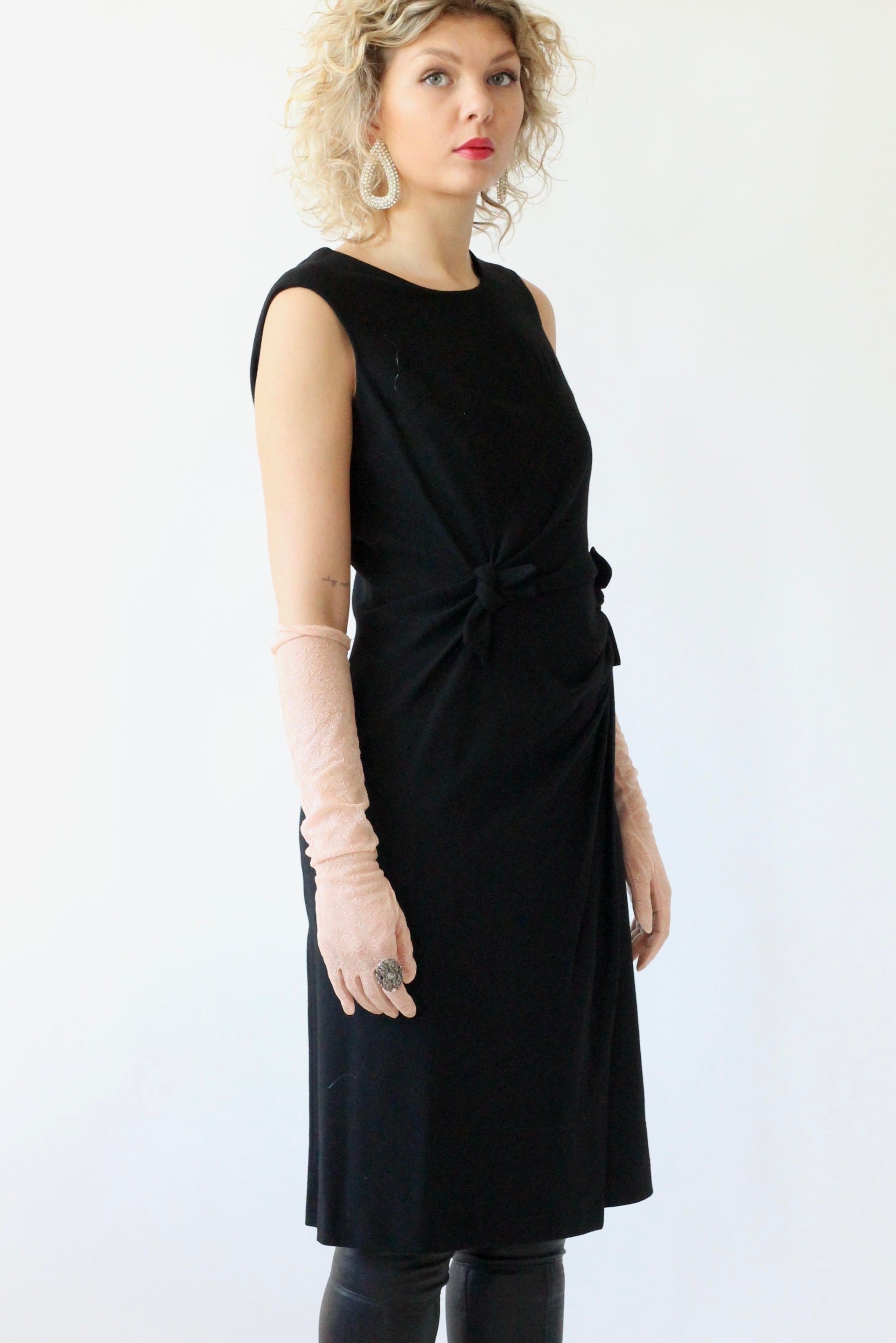 1950s 1960s Black Wool Designer Cocktali Dress//Size S/M