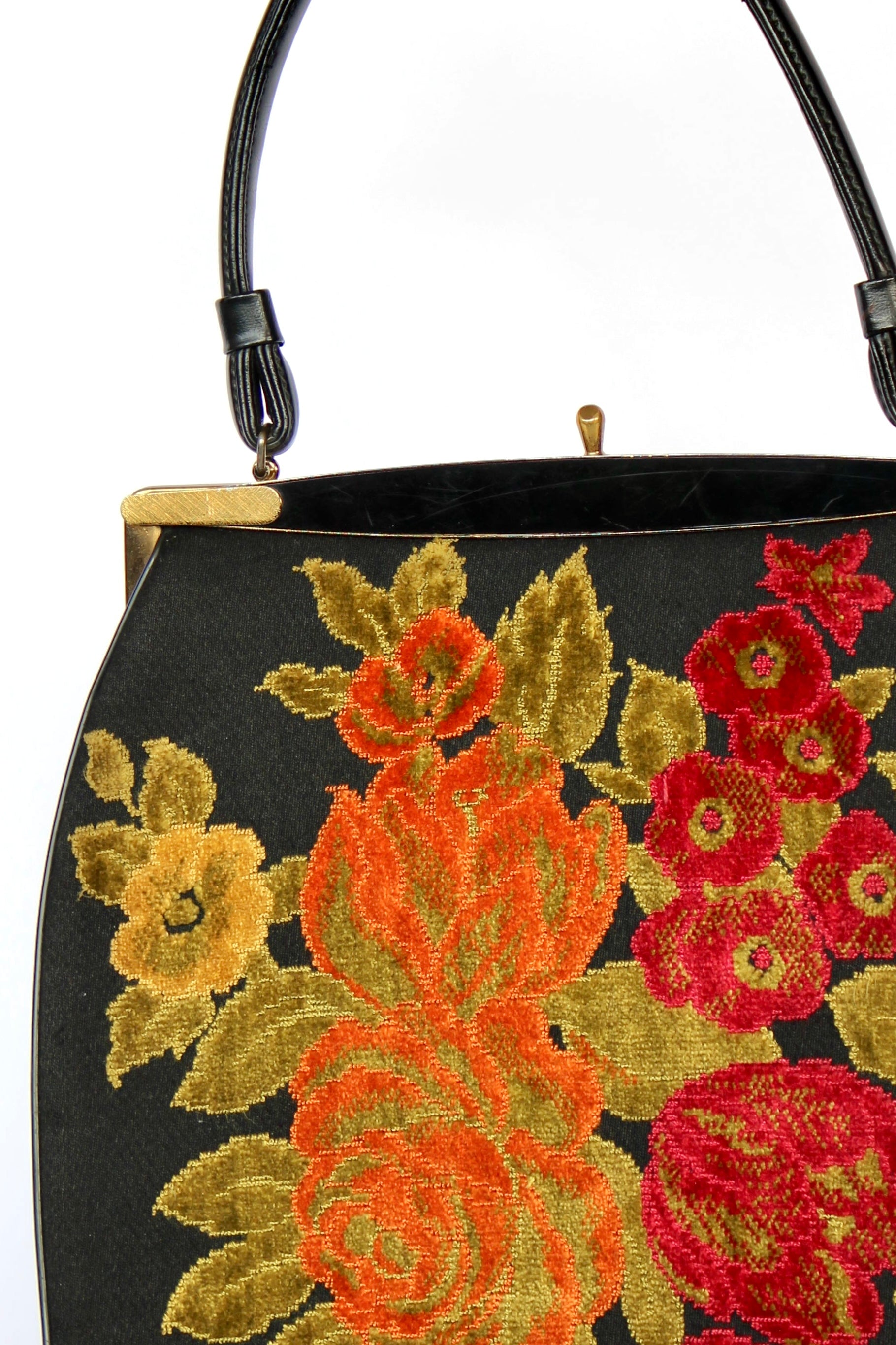 1940s 1950s Vintage Large Black Embroidered Top Handle Bag
