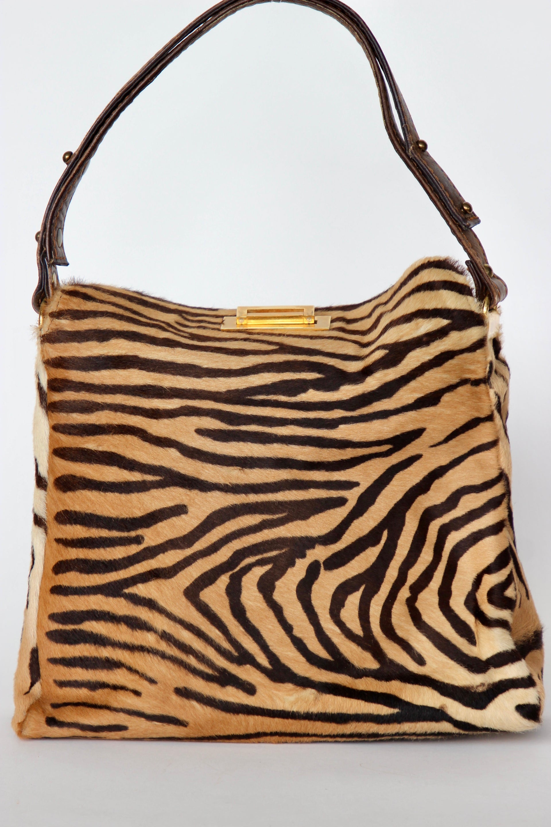 1960s Brown Fur Top Handle Bag with Tiger Pattern // Danish Design