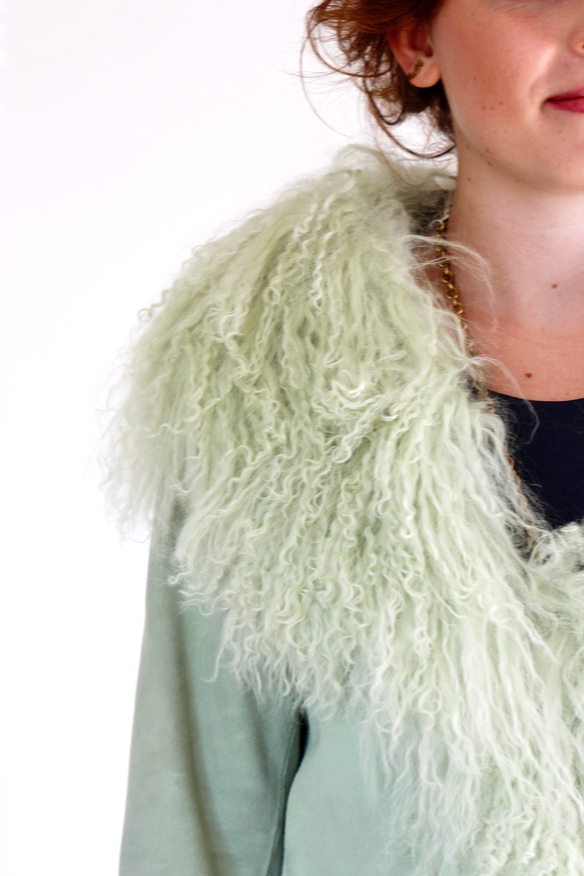Mint Green Suede Leather Coat with Mongolian Sheep Fur