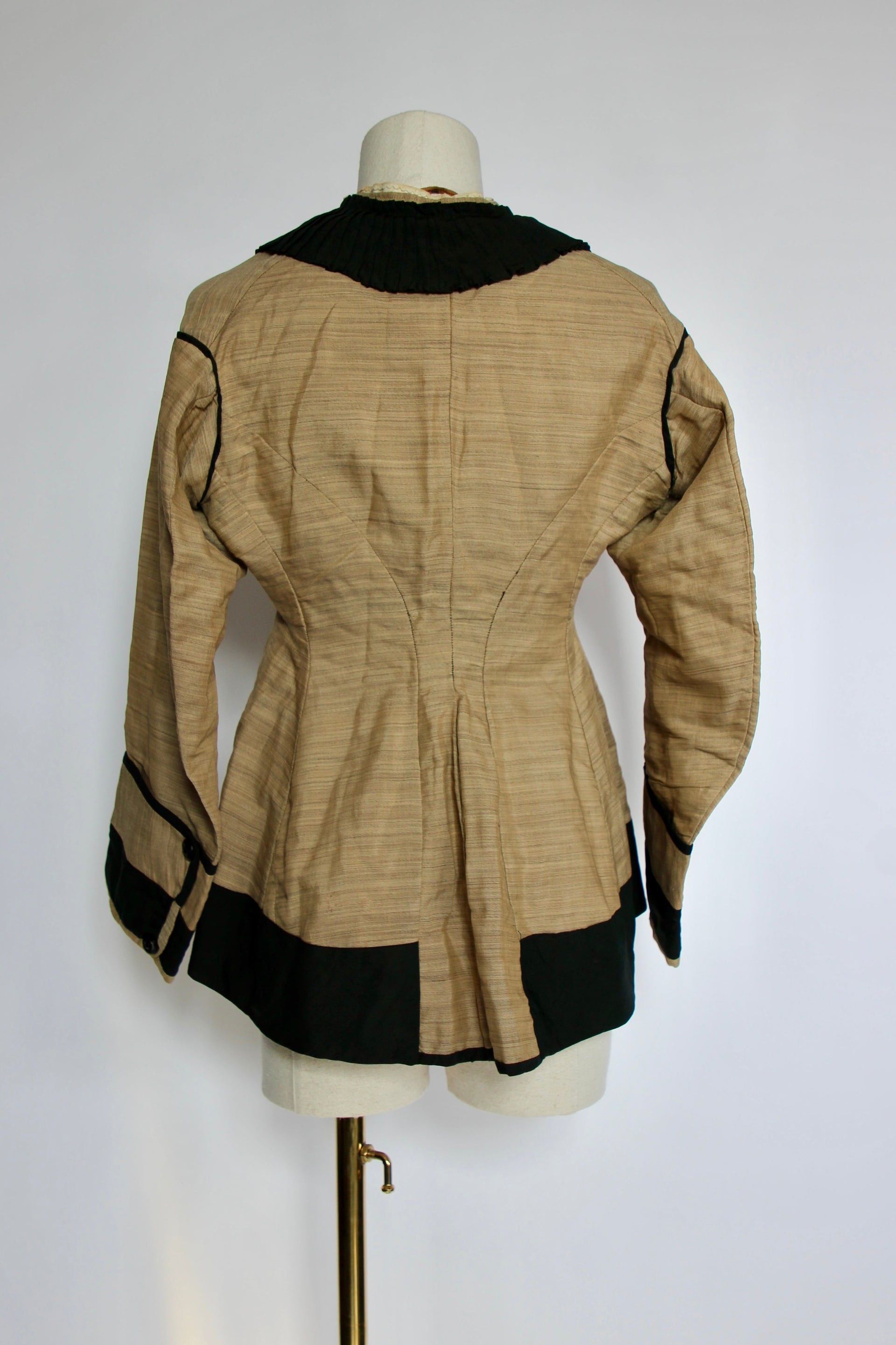 1879s Antique Victorian Beige Jacket with Black Collar and Cuffs Owned by Karin Strandberg, Sweden.