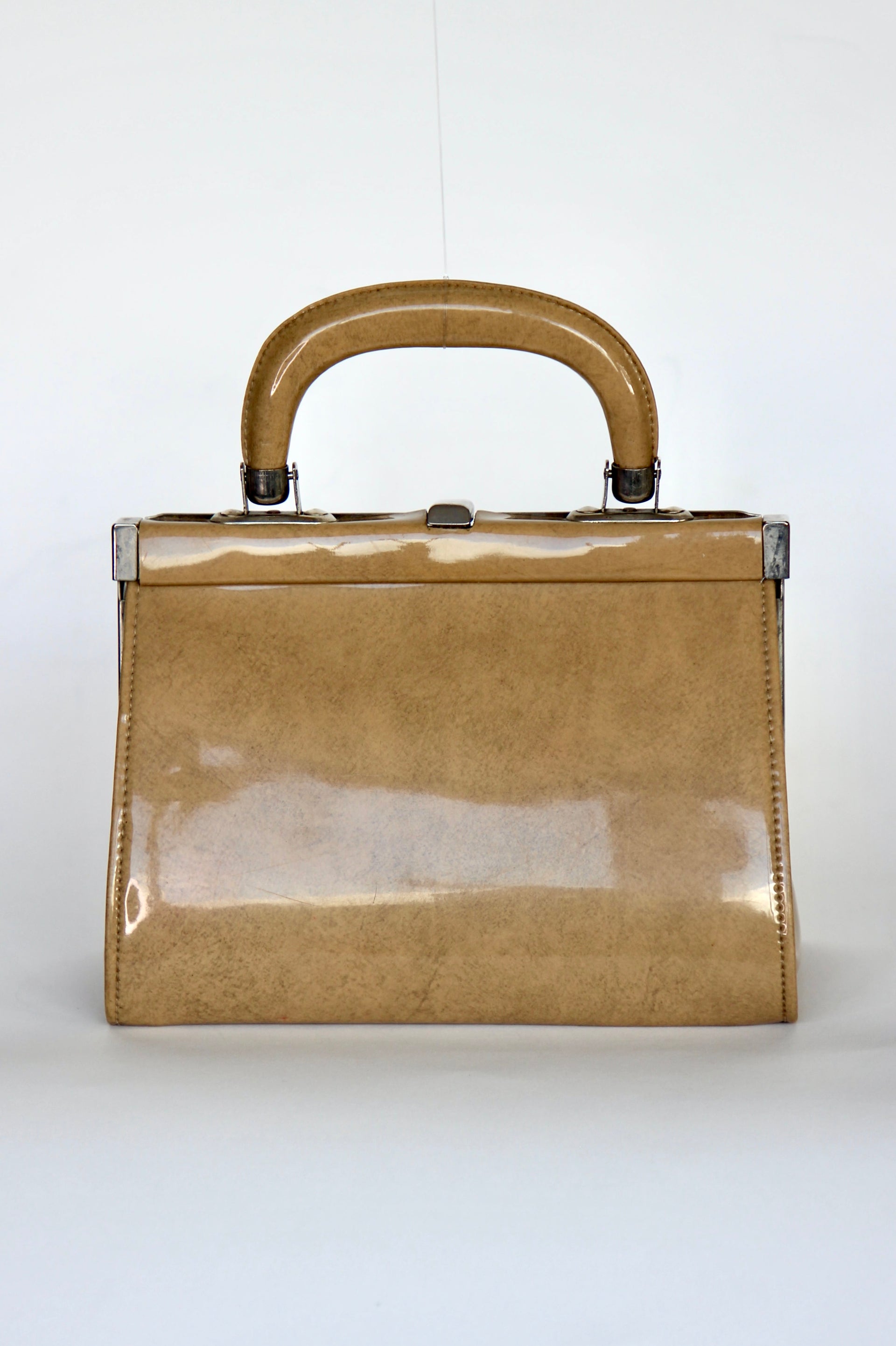 1960s Vintage Beige/Camel Vinyl Top Handle Bag/Purse with Silver Closure.