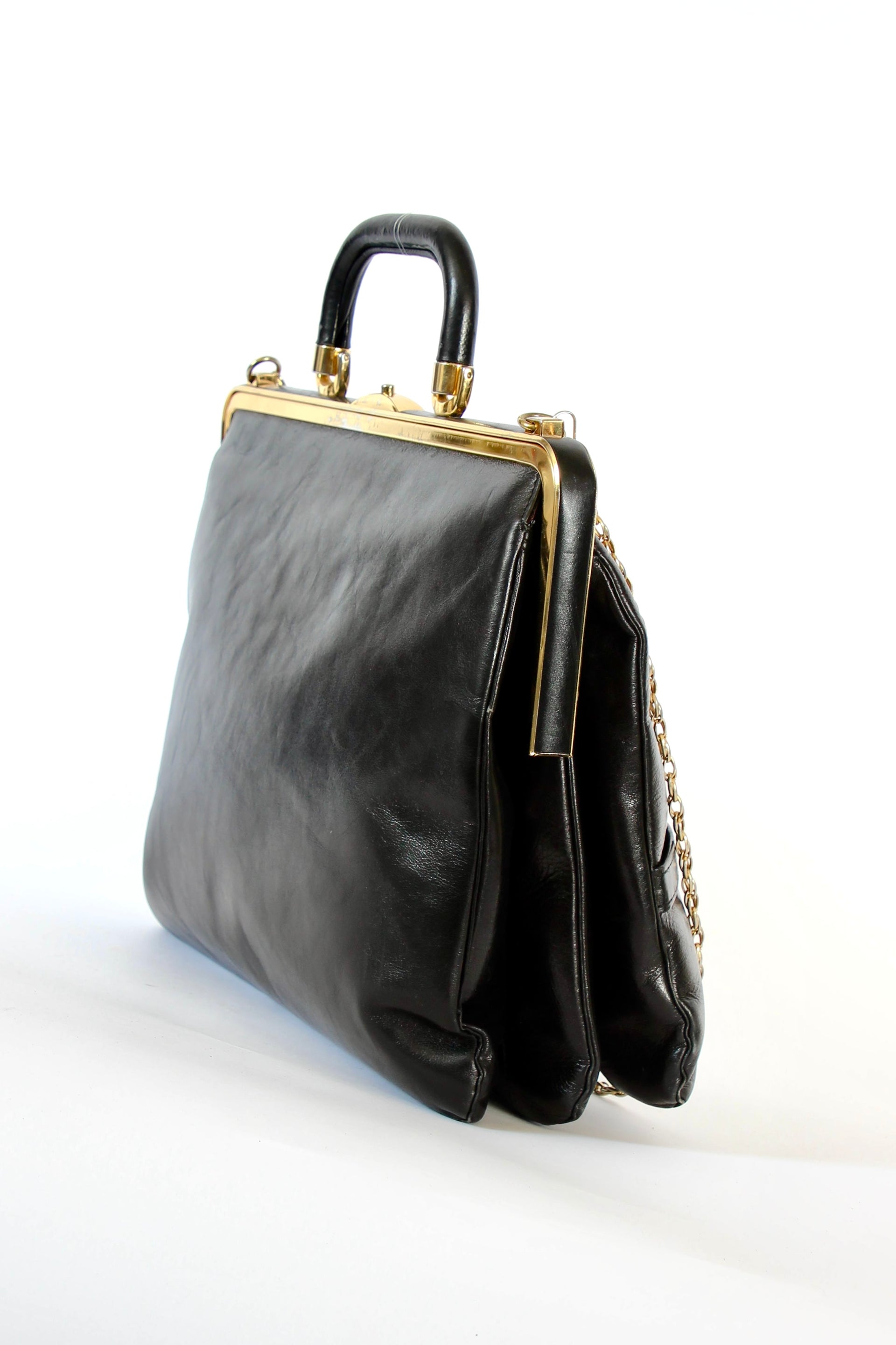 1960s Vintage Bon Goût Black Leather Top Handle Bag