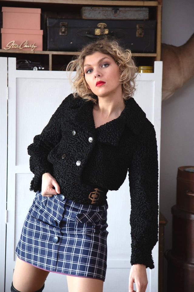 1960s 1970s Vintage Black Lamb Fur Cropped Jacket // Size S