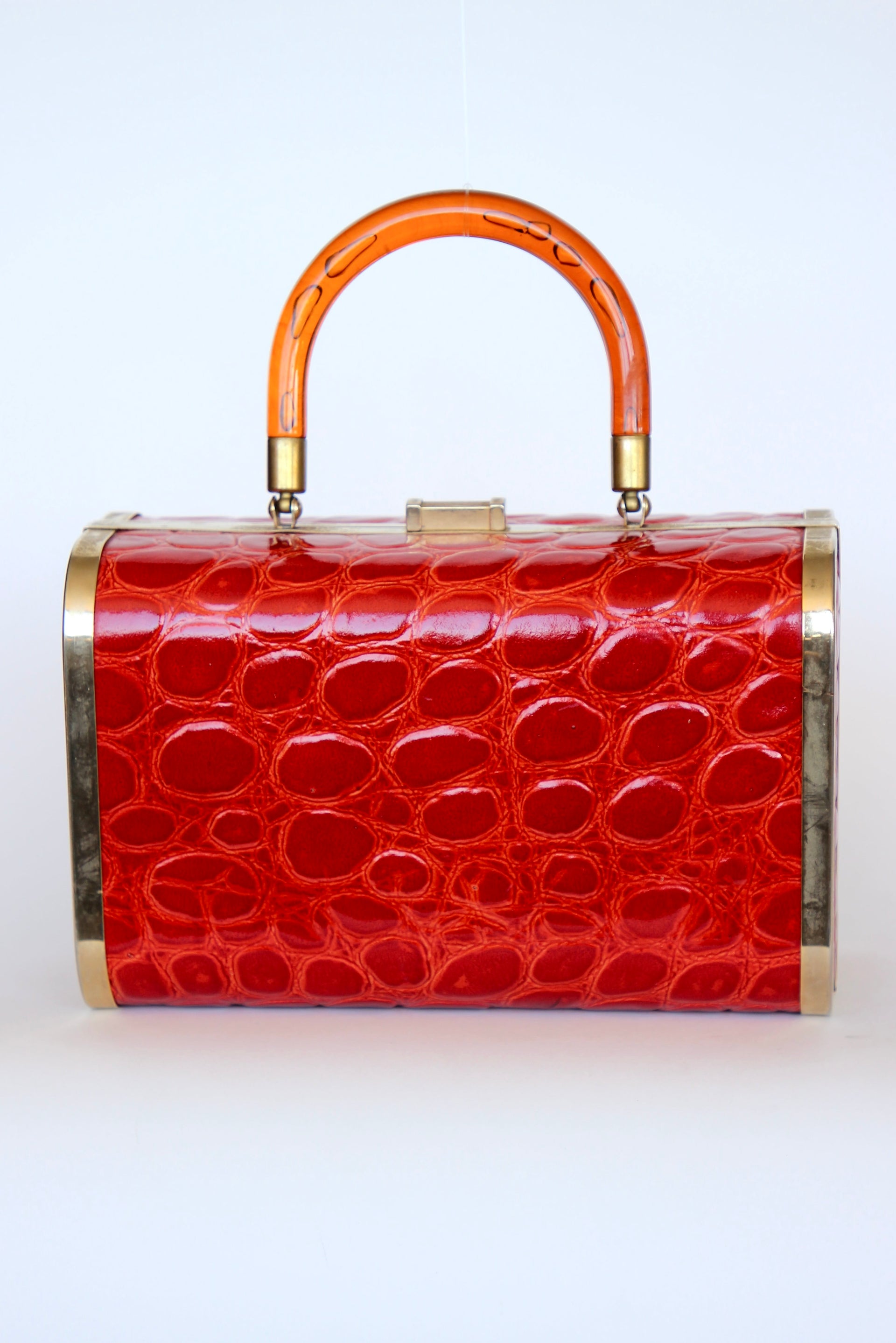 1950s 1960s Bright Red Leather Box Top Handle Bag/Purse