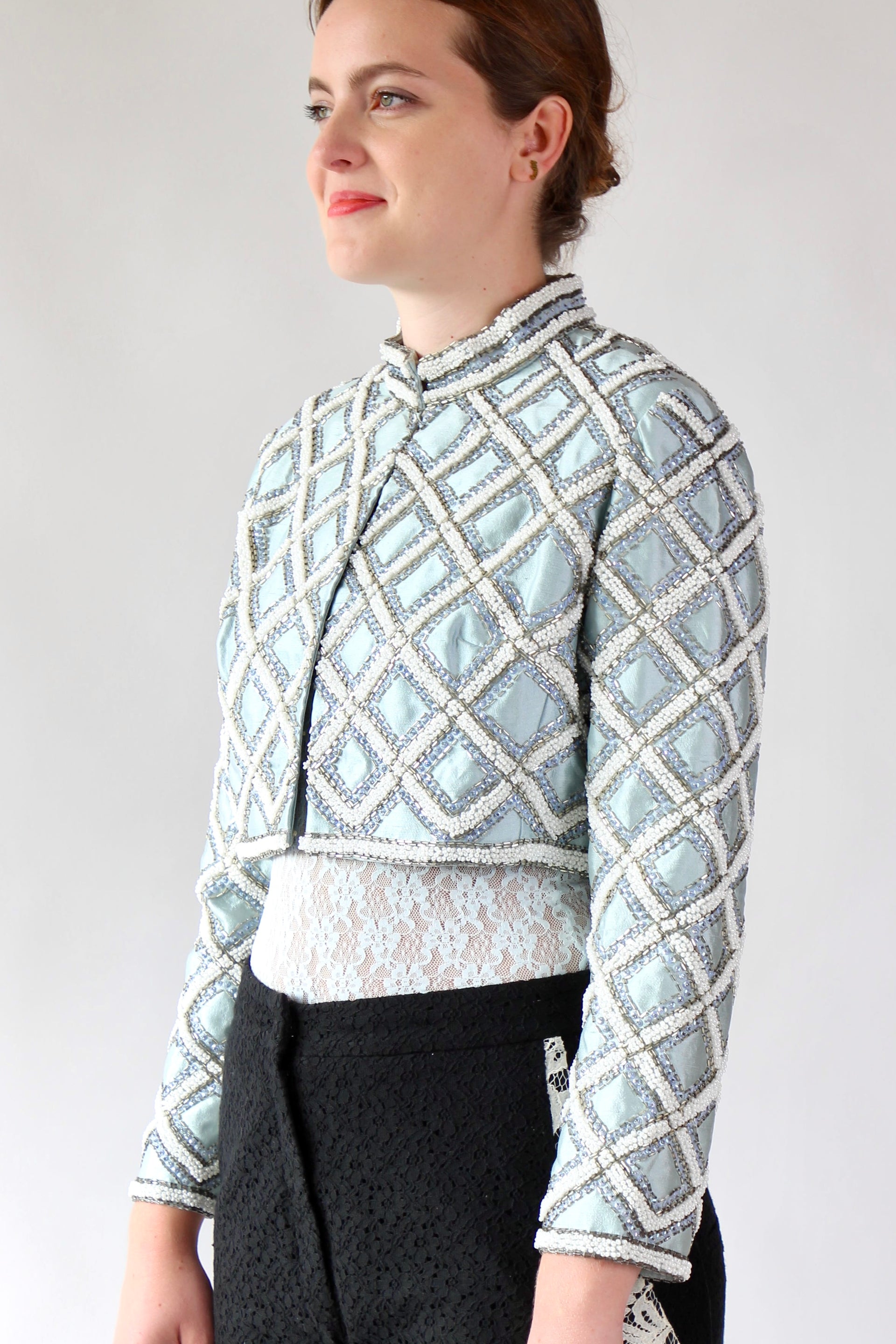 1950s 1960s Vintage Ice Blue Beaded Cropped Jacket/Bolero // Size S/M