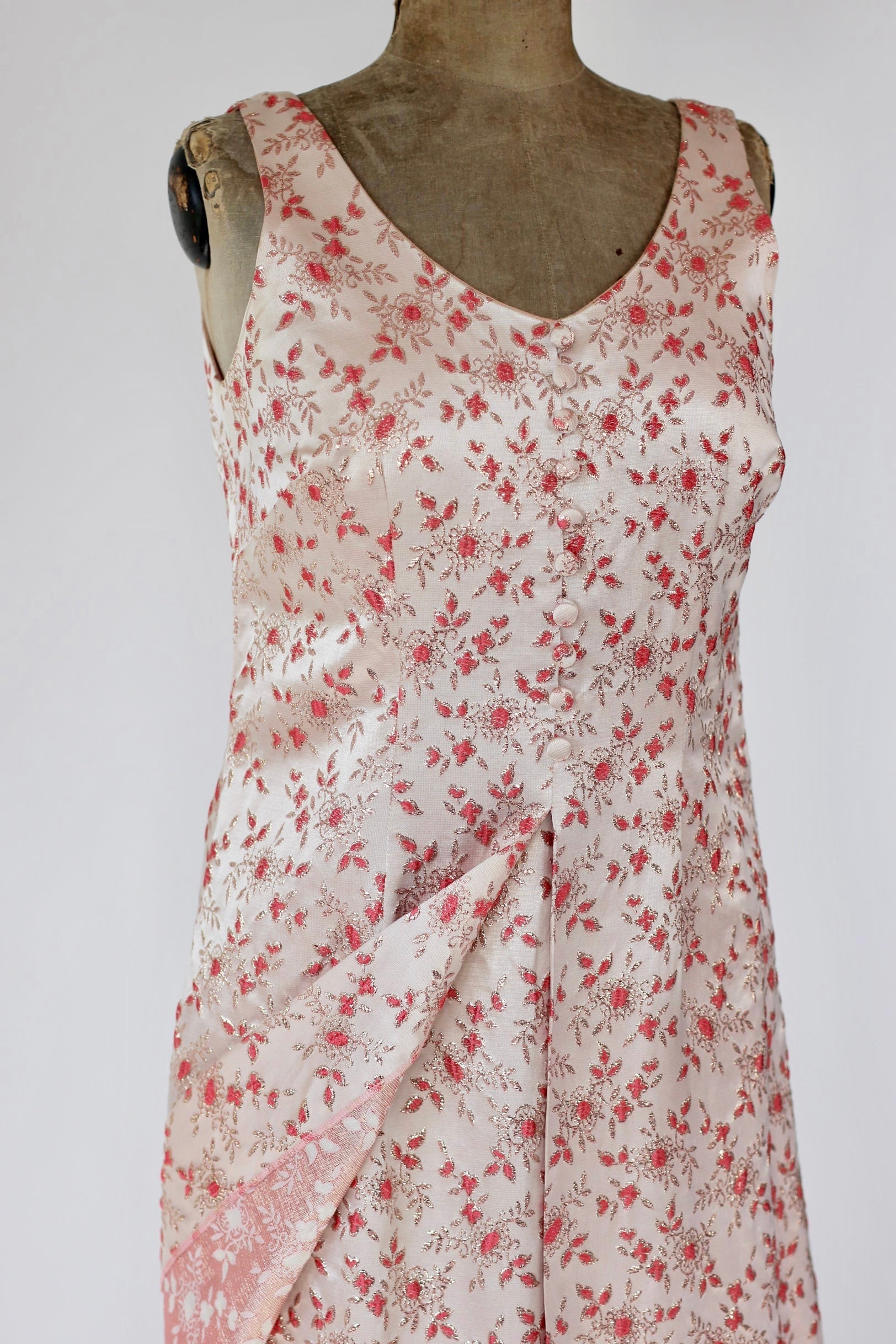 1950s 1960s Pink Brocade Maxi Dress//Size L