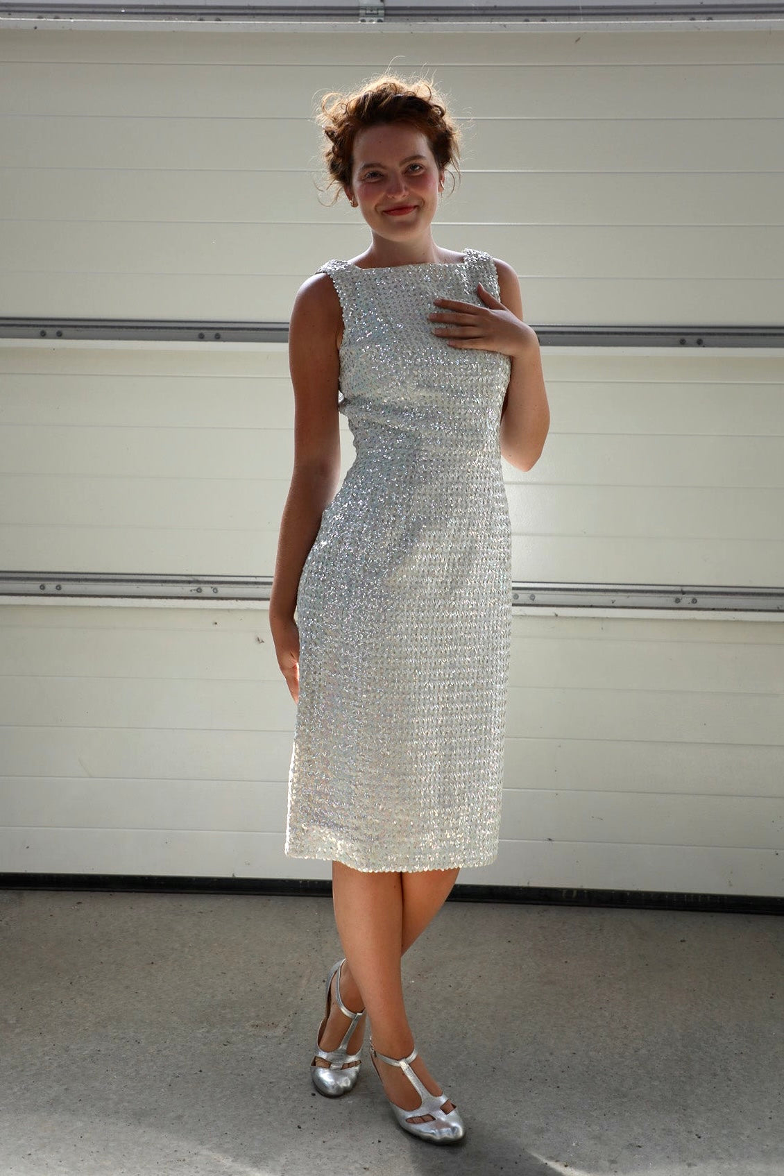 1960s White Vintage Sequin Dress//Size S/M