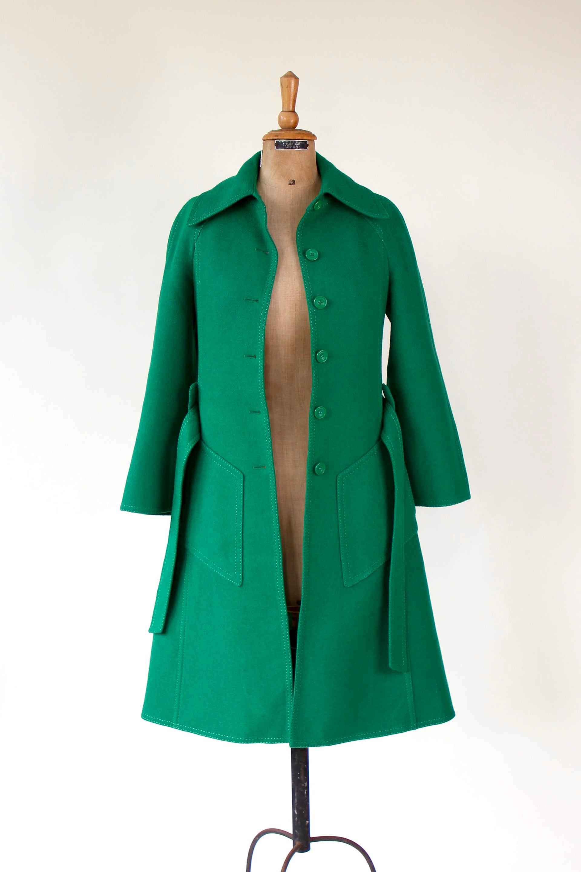 1970s Vintage Designer Green Wool Mod/Trench Coat // Size M
