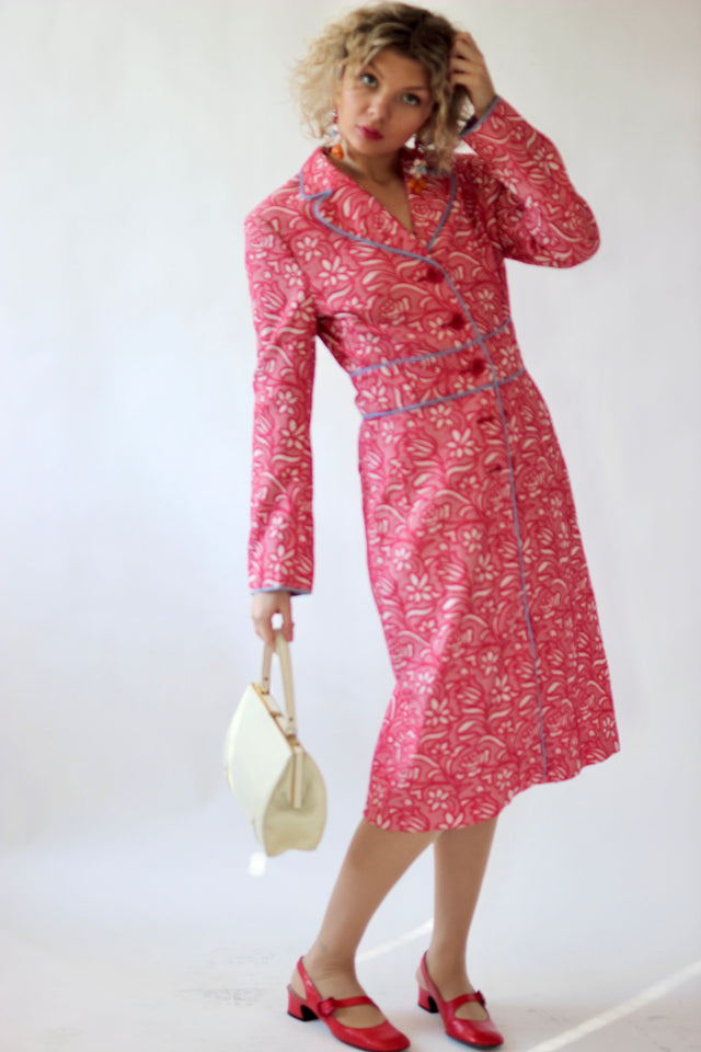 Y2K Vintage Red and White Brocade Coat//Size M
