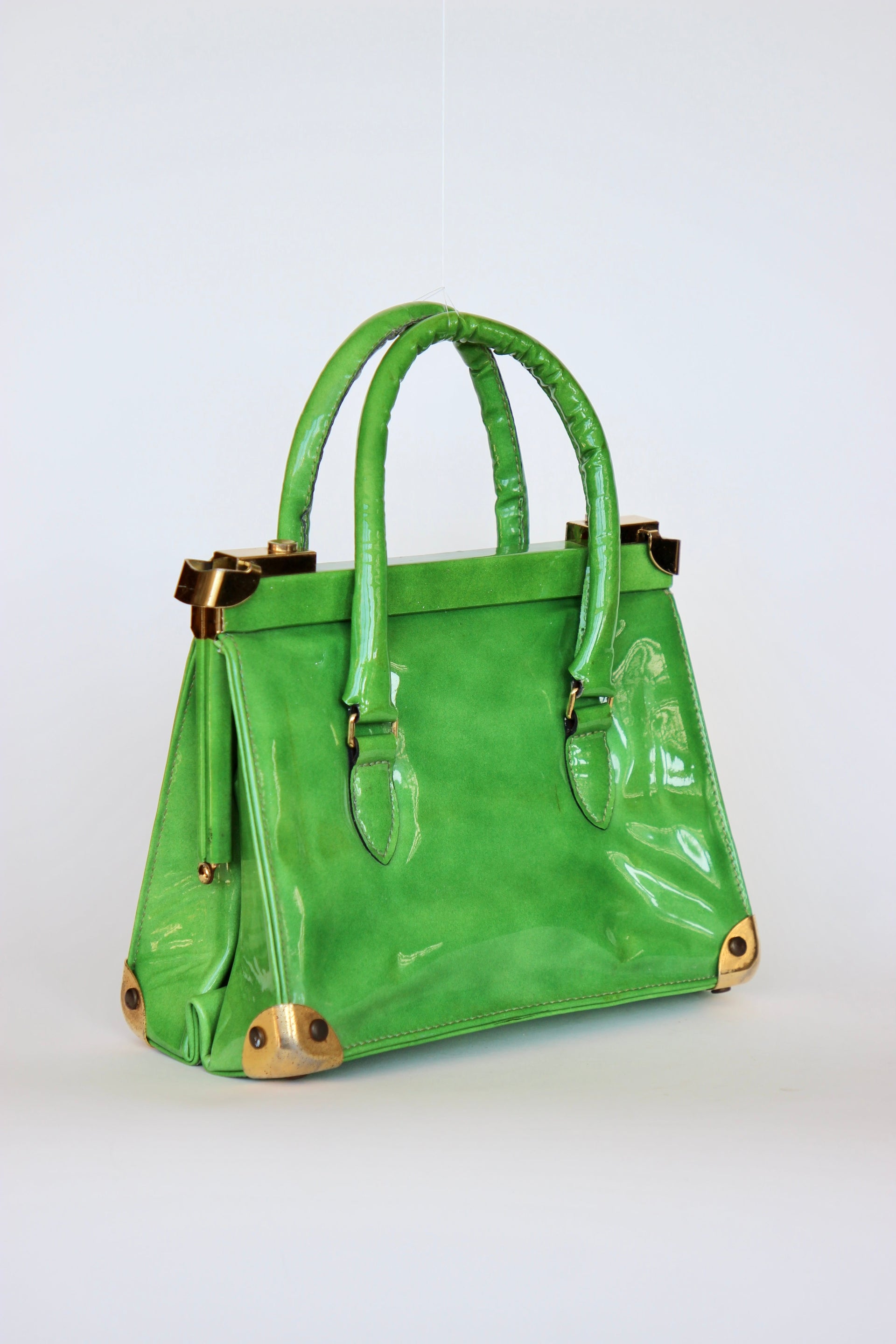 1960s Vintage Green Vinyl Purse / Top Handle Bag