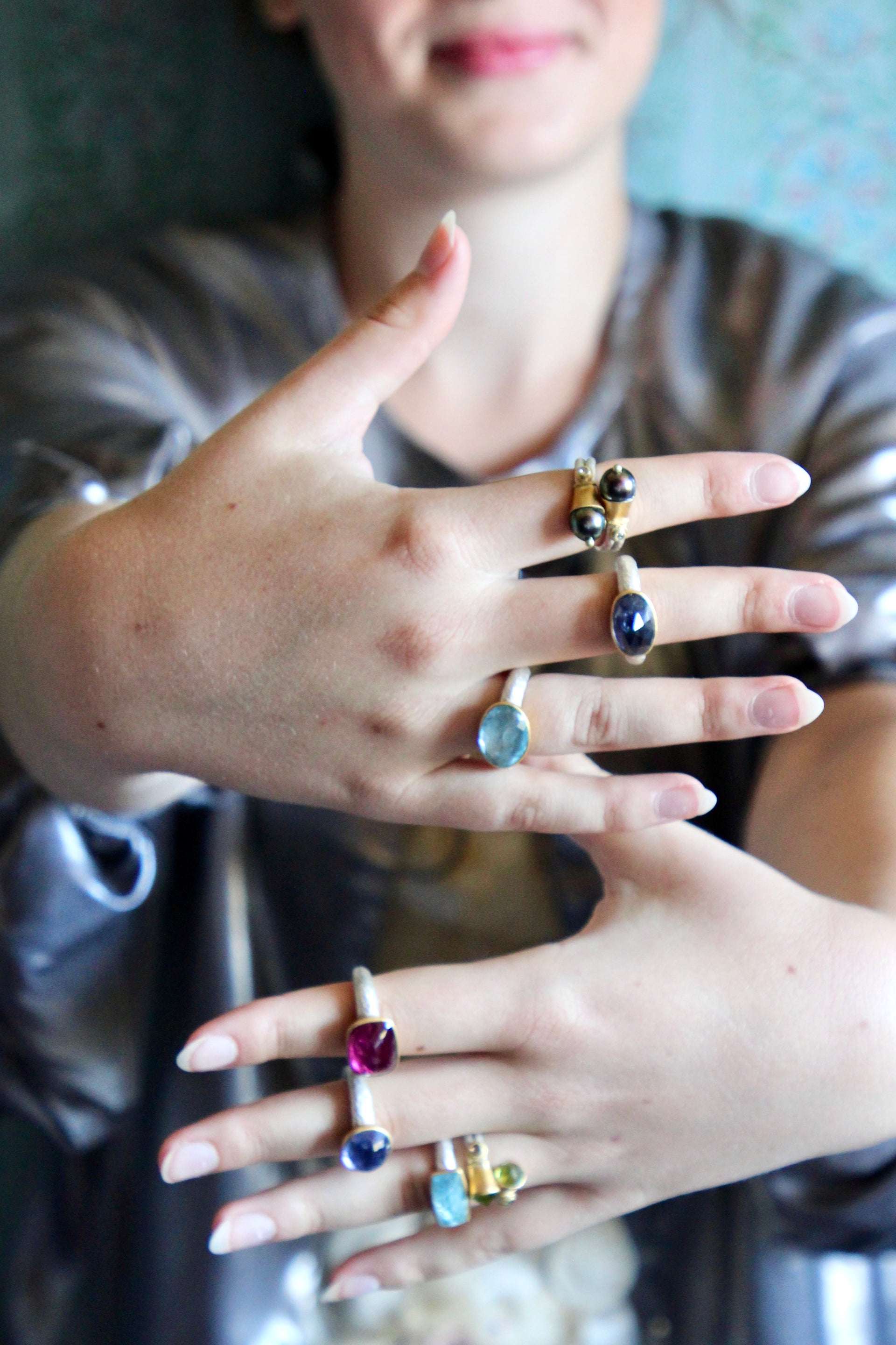 Handmade Aquamarine Ring // Poppy Dandiya // Hammered Sterling Silver // 24K Filled Gold // Size 53