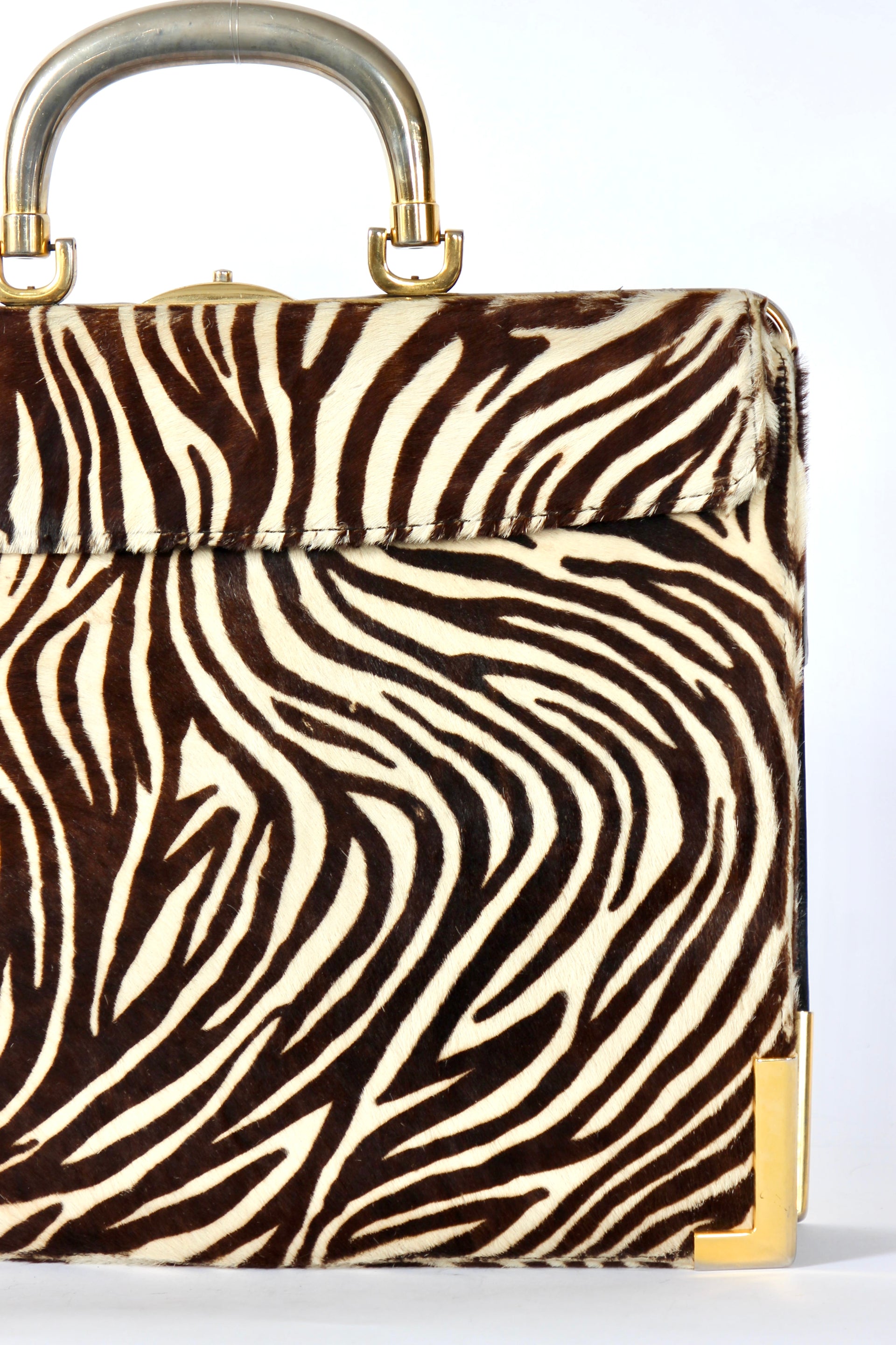 1960s Vintage Bon Goût Black Leather Top Handle Bag with Zebra Pattern Fur