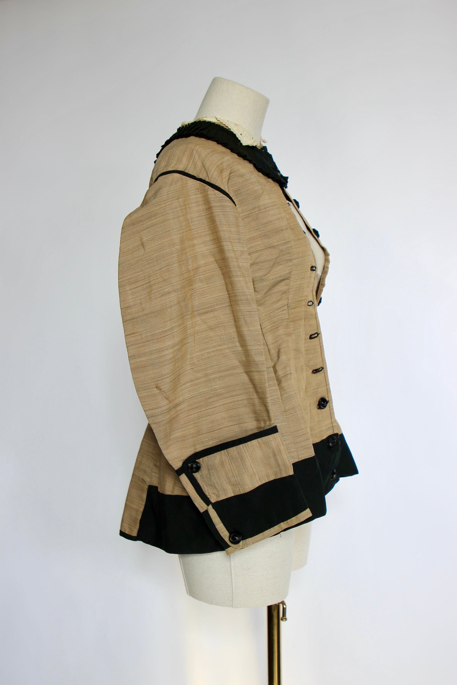 1879s Antique Victorian Beige Jacket with Black Collar and Cuffs Owned by Karin Strandberg, Sweden.