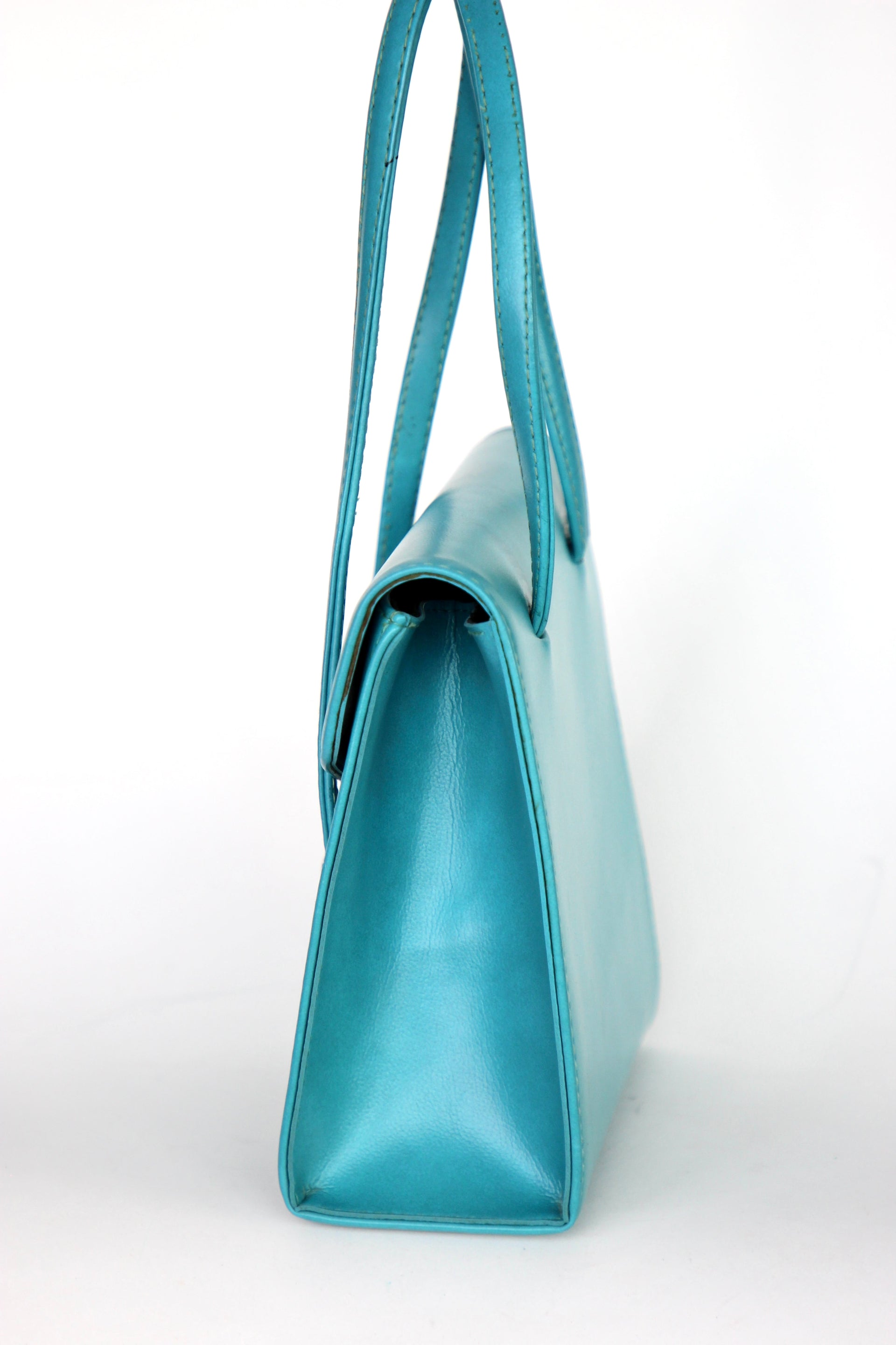 1970s Vintage Blue Vinyl Purse / Top Handle Bag