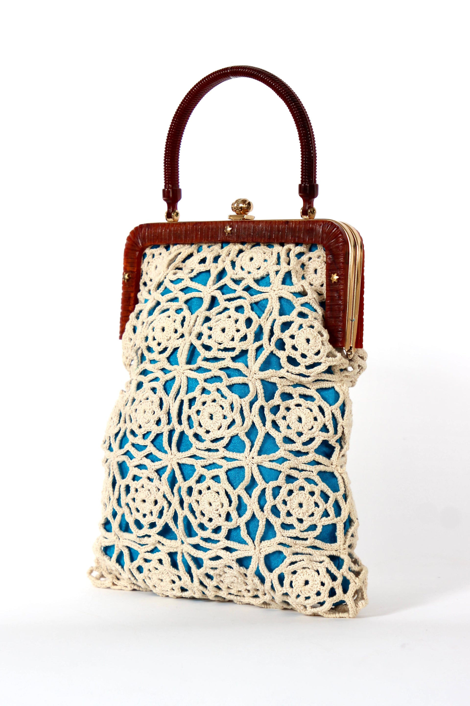 1960s Vintage Handmade Crochet Bag with Plastic Handle and Frame
