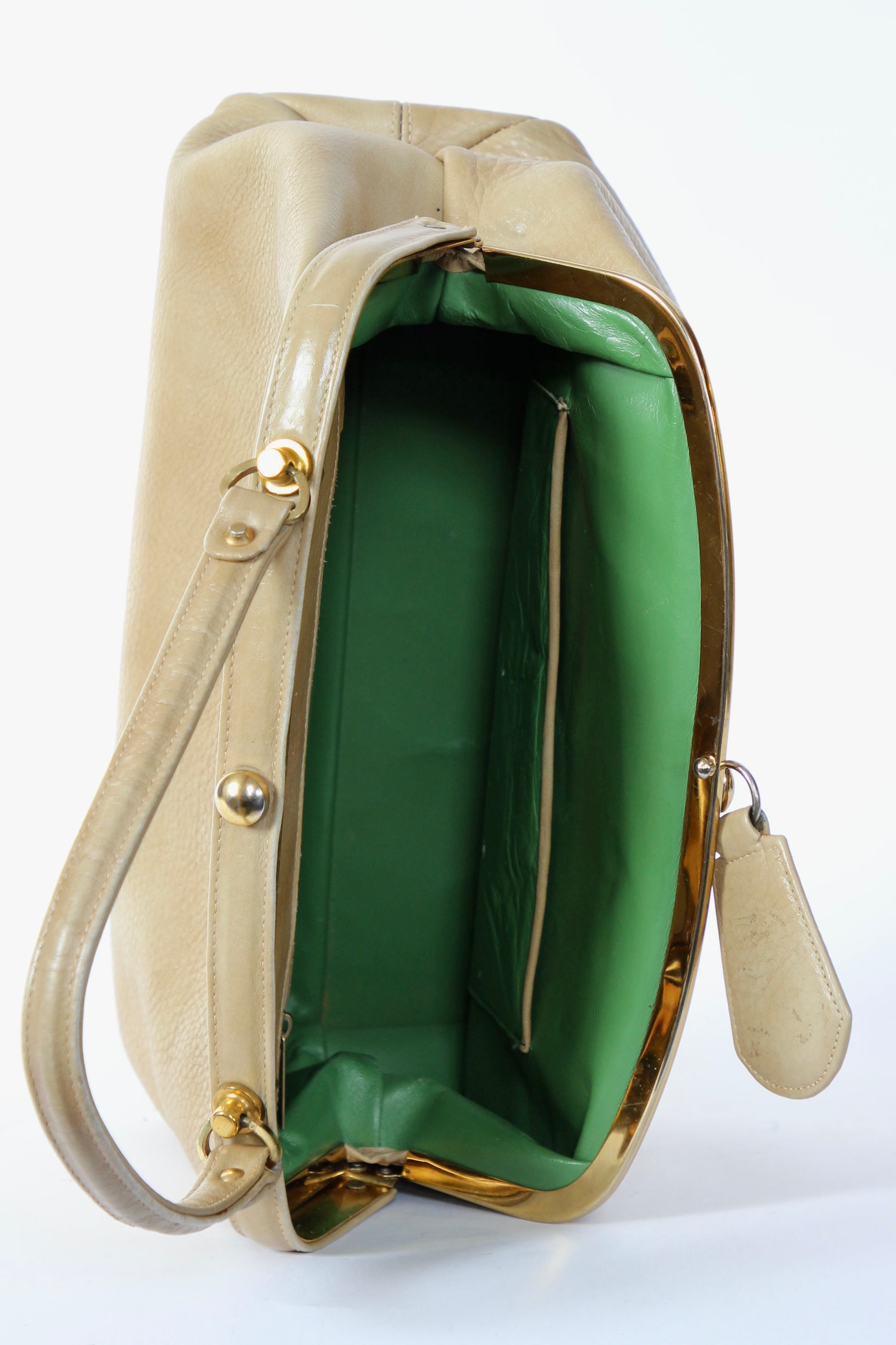 1960s Vintage Beige Leather Top Handle Bag with Green Leather Linen
